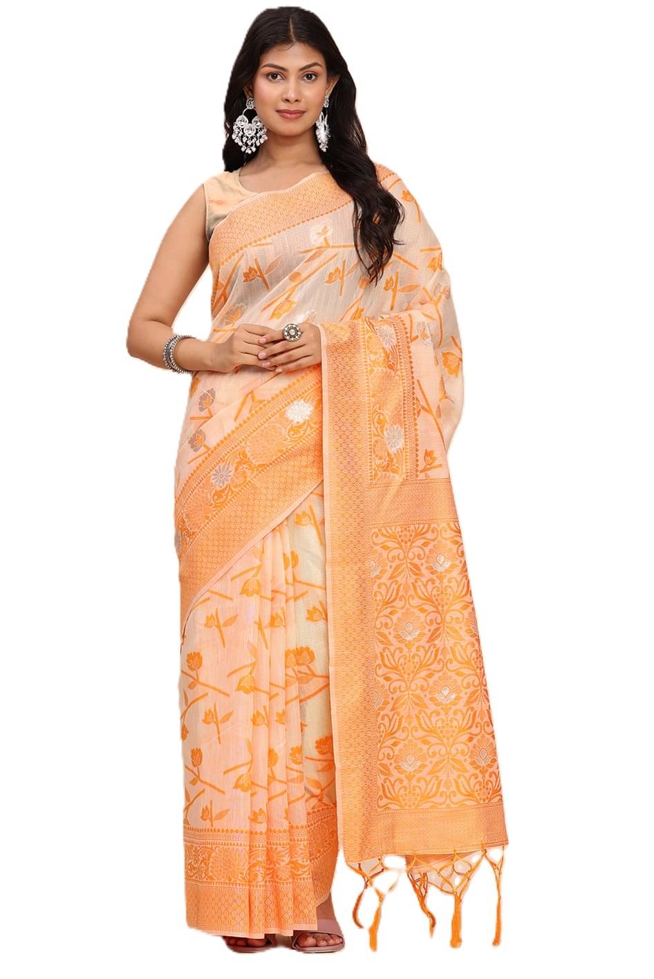     			PANZORA Linen Solid Regular Saree With Unstitched Blouse Piece ( Orange )