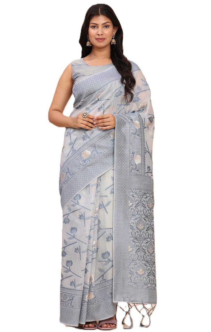     			PANZORA Linen Solid Regular Saree With Unstitched Blouse Piece ( Grey )