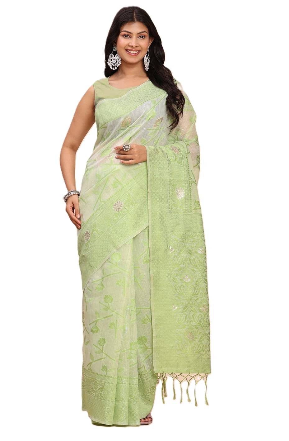 PANZORA Linen Solid Regular Saree With Unstitched Blouse Piece ( Green ) PANZORA Linen Solid Regular Saree With Unstitched Blouse Piece ( Green )