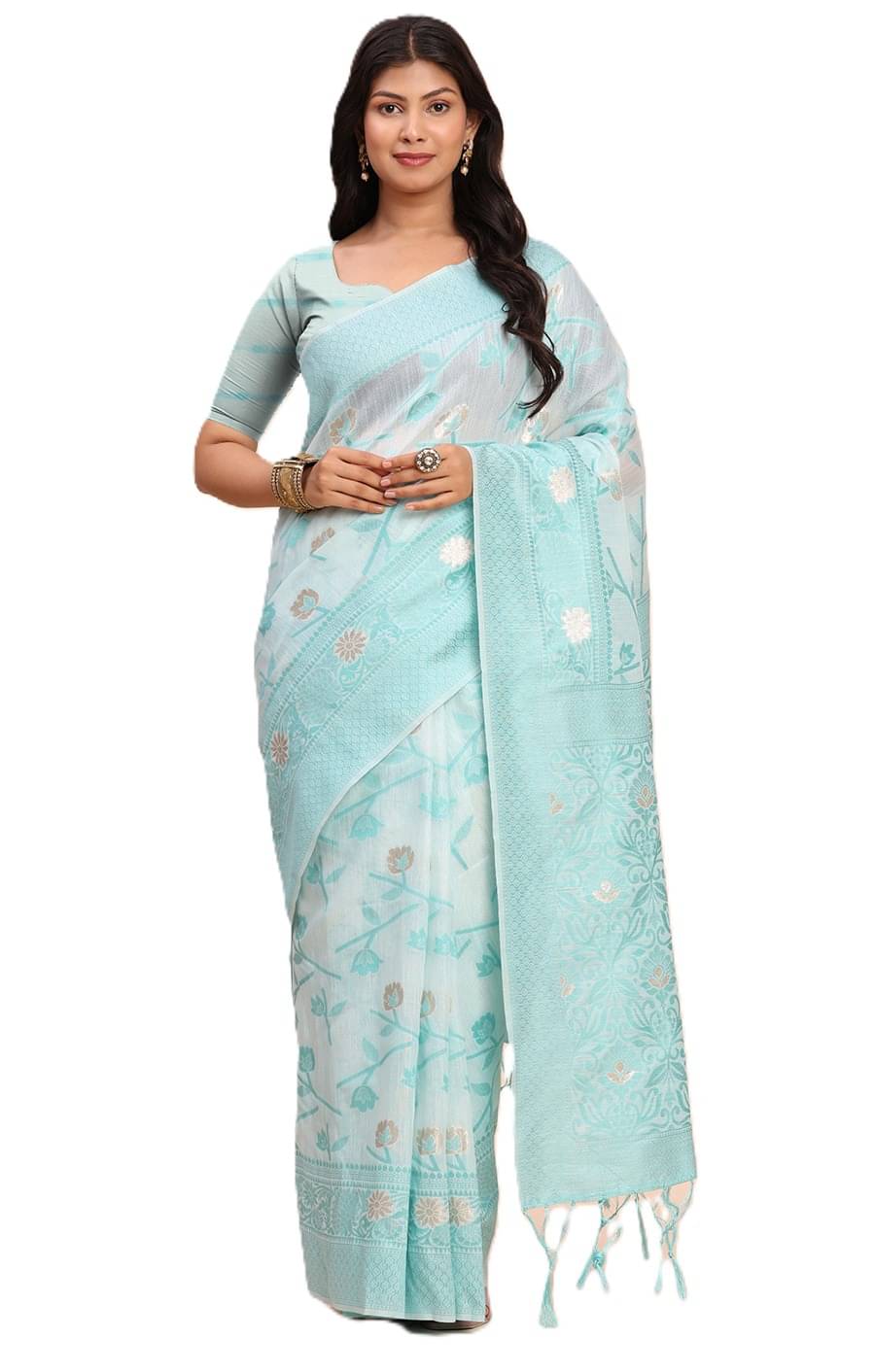 PANZORA Linen Solid Regular Saree With Unstitched Blouse Piece ( Blue ) PANZORA Linen Solid Regular Saree With Unstitched Blouse Piece ( Blue )
