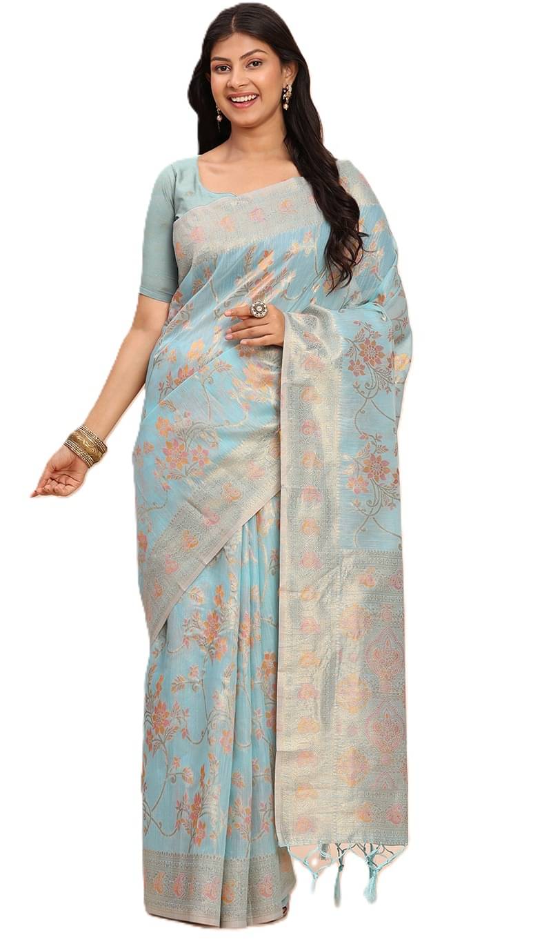 PANZORA Linen Solid Regular Saree With Unstitched Blouse Piece ( Blue )     			PANZORA Linen Solid Regular Saree With Unstitched Blouse Piece ( Blue )