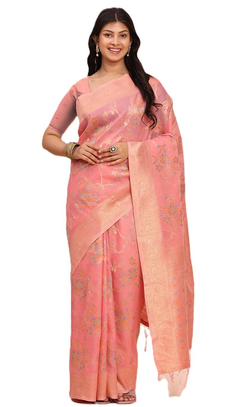     			PANZORA Linen Solid Regular Saree With Unstitched Blouse Piece ( Pink )