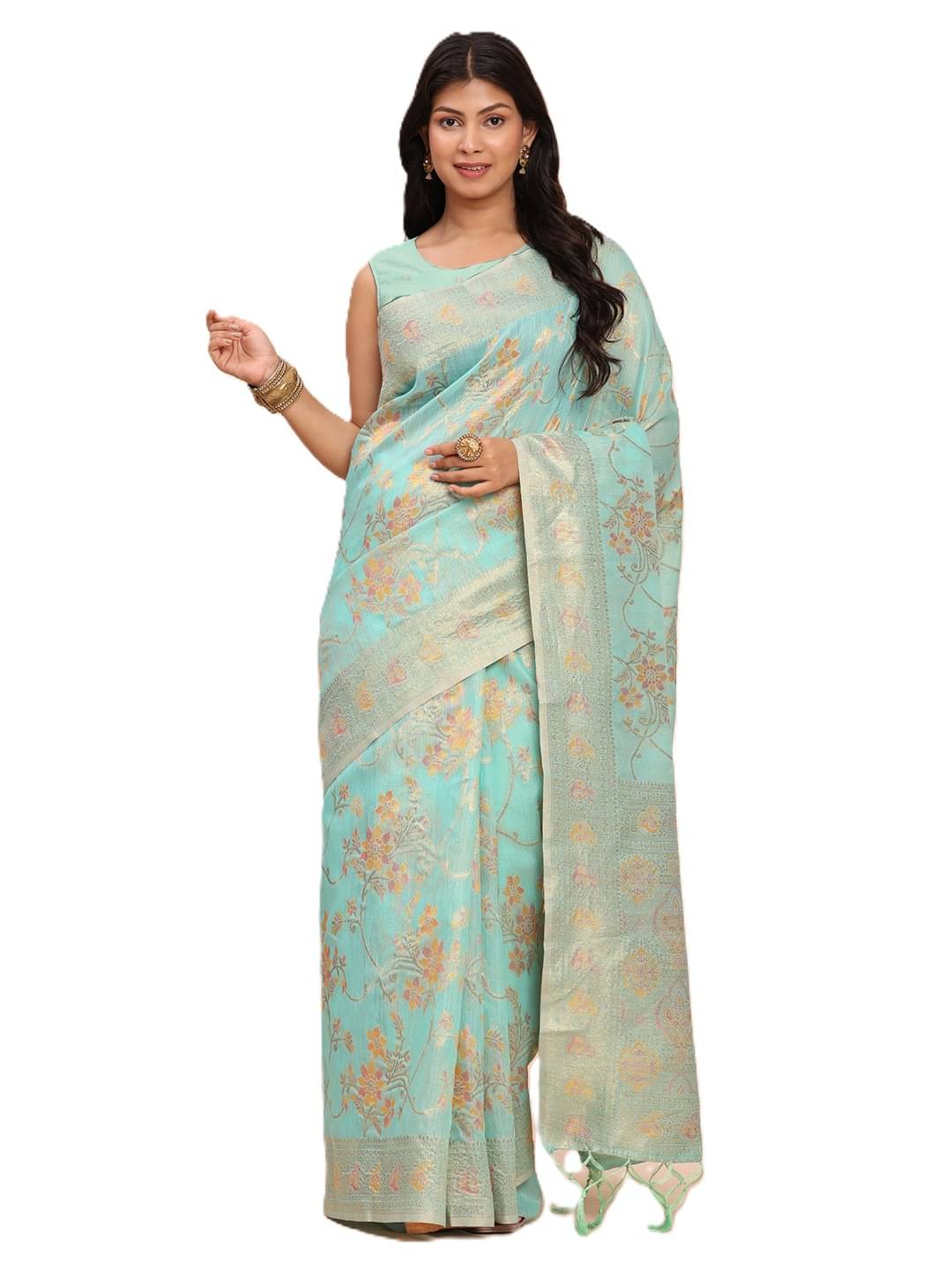     			PANZORA Linen Solid Regular Saree With Unstitched Blouse Piece ( Teal )