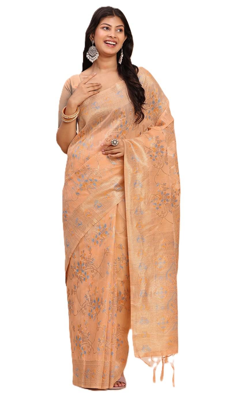     			PANZORA Linen Solid Regular Saree With Unstitched Blouse Piece ( Peach )