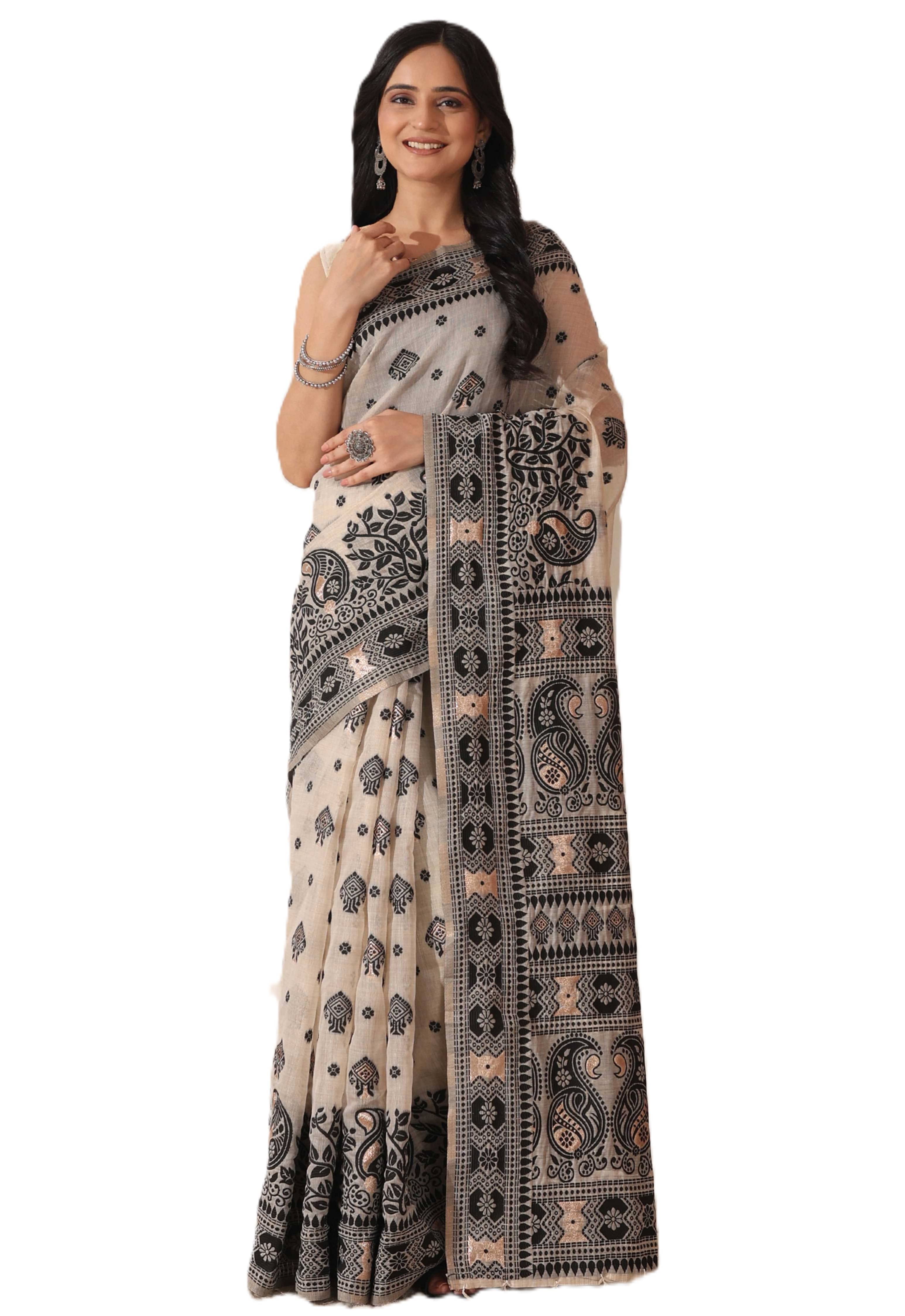     			PANZORA Linen Solid Regular Saree With Unstitched Blouse Piece ( Cream )