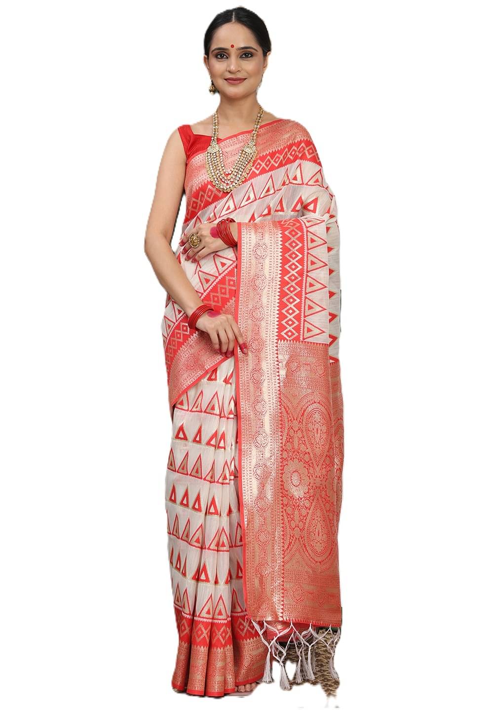     			PANZORA Linen Solid Regular Saree With Unstitched Blouse Piece ( Cream )