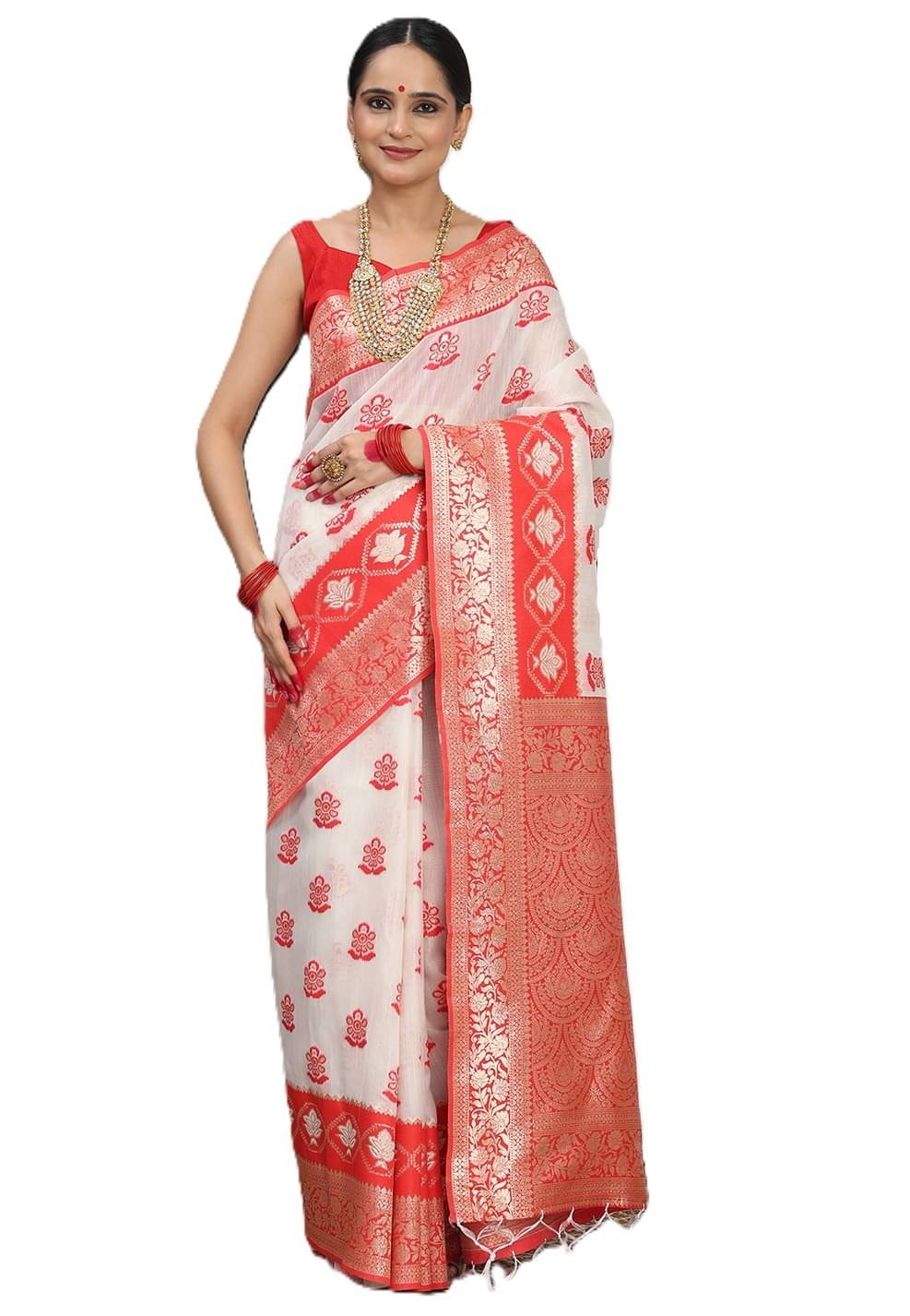     			PANZORA Linen Solid Regular Saree With Unstitched Blouse Piece ( Off White )