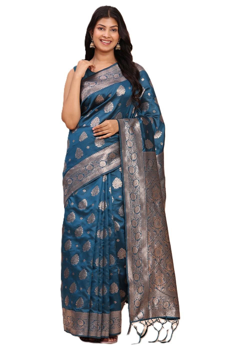     			PANZORA Linen Solid Regular Saree With Unstitched Blouse Piece ( Blue )