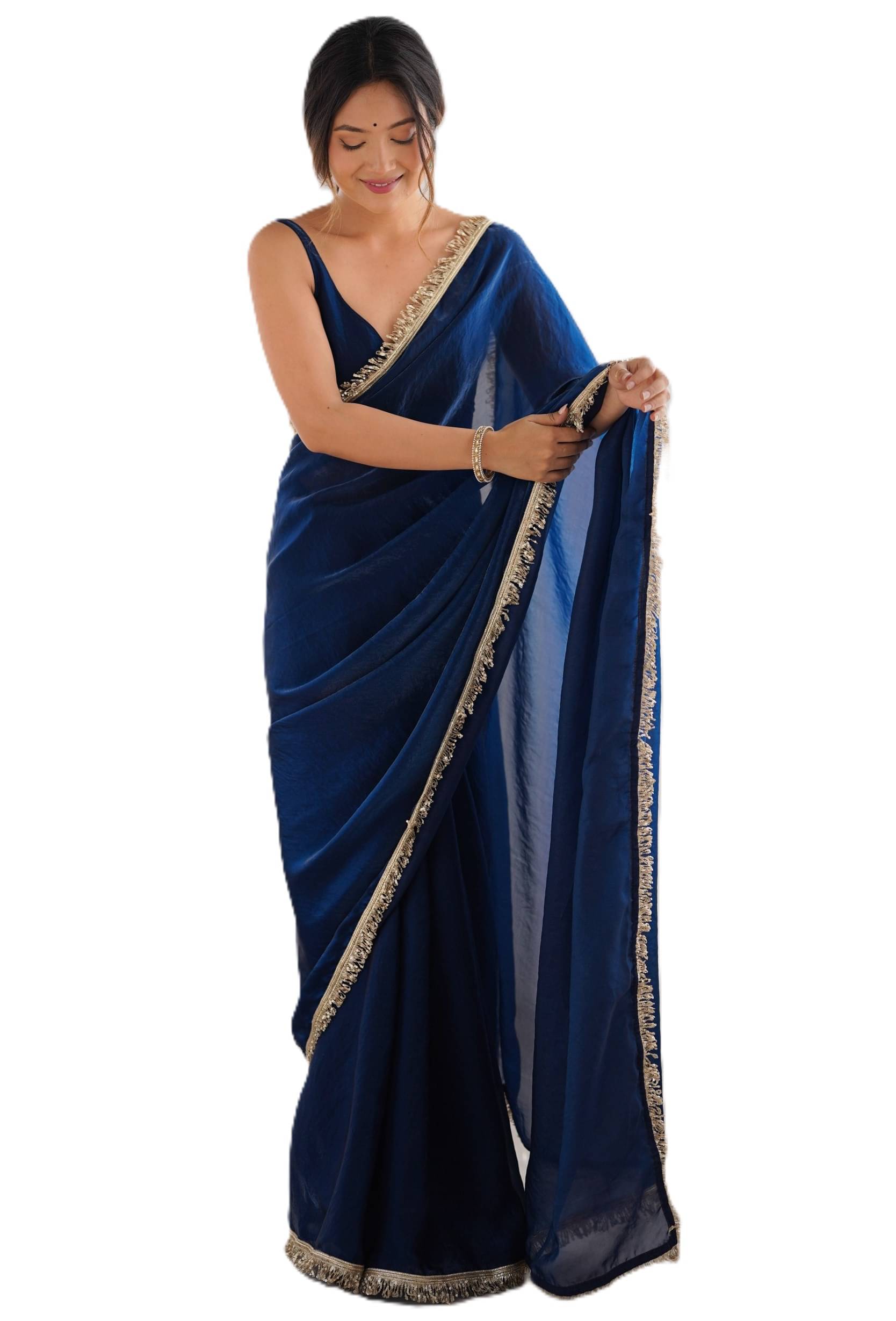 PANZORA Satin Solid Regular Saree With Unstitched Blouse Piece ( Blue ) PANZORA Satin Solid Regular Saree With Unstitched Blouse Piece ( Blue )