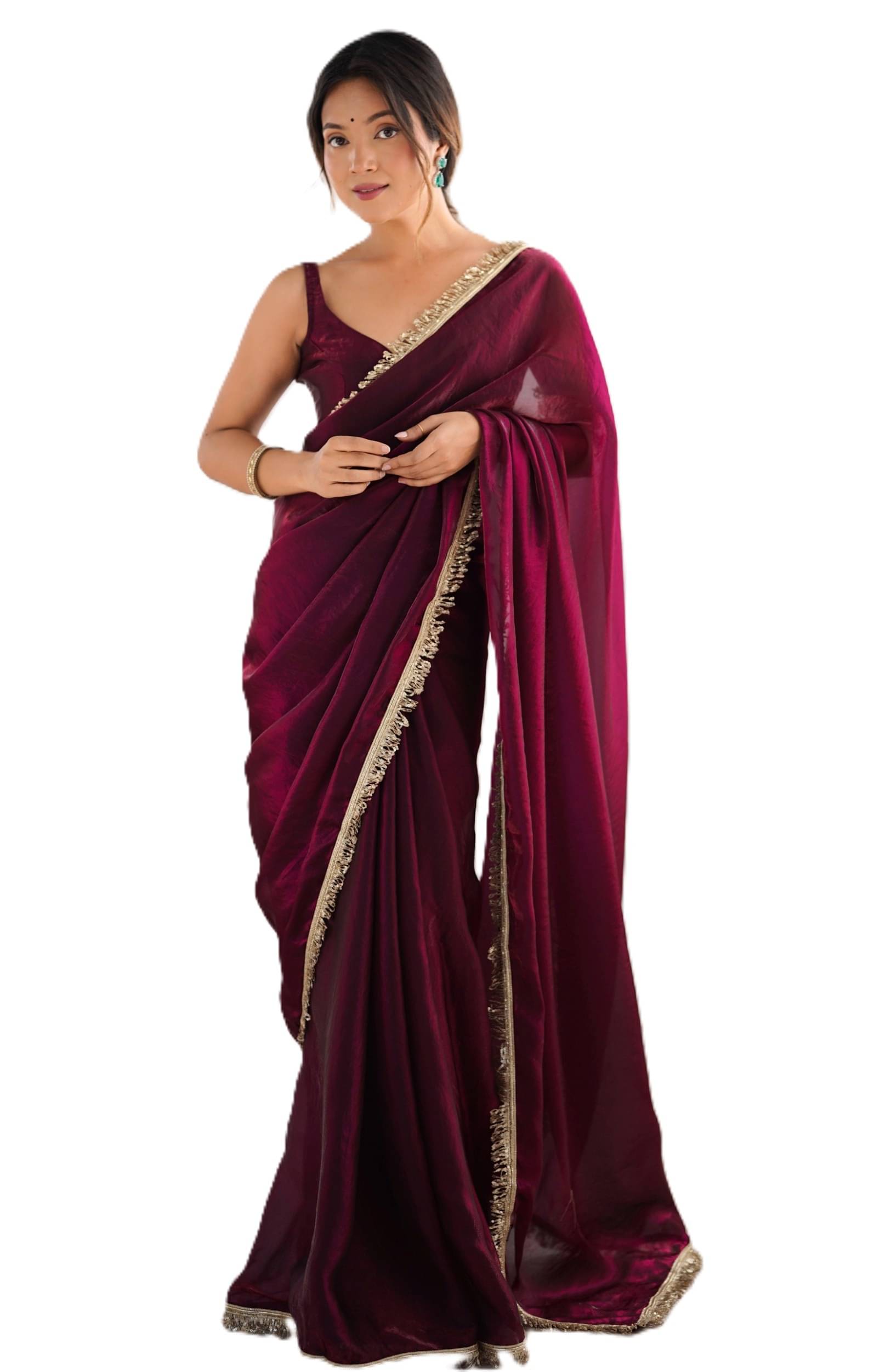     			PANZORA Satin Solid Regular Saree With Unstitched Blouse Piece ( Maroon )