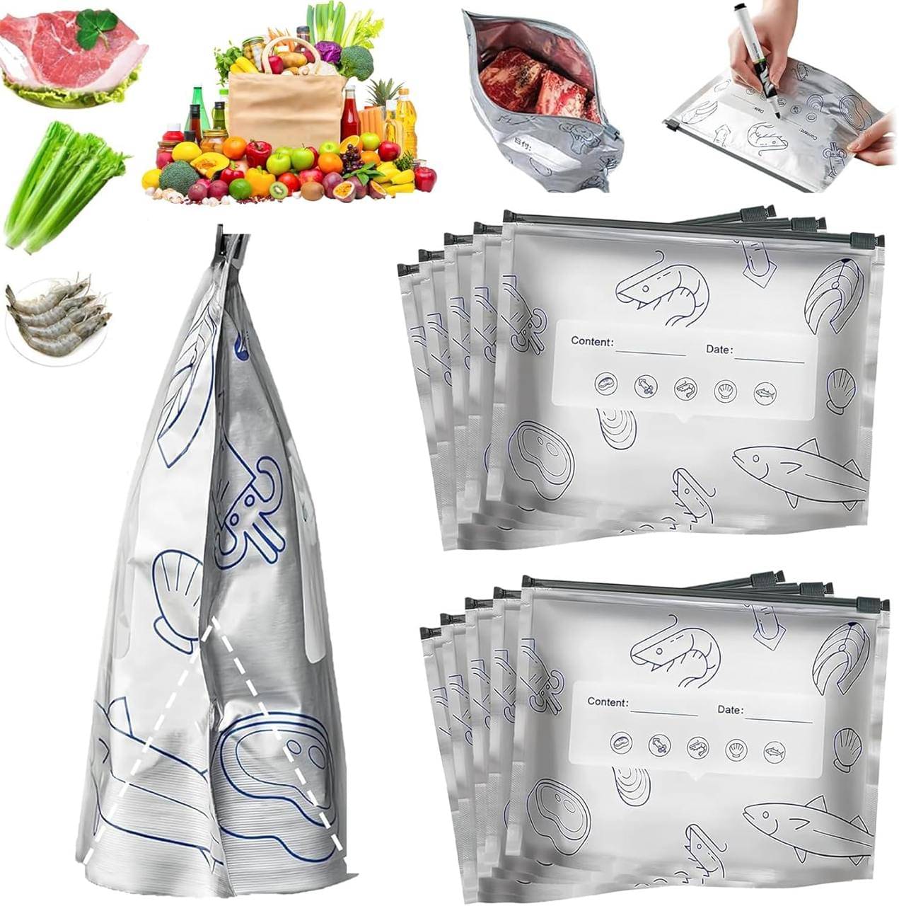 RAVISTRA Reusable Aluminum Foil Zip Lock Food Storage Bags(10 Pcs, 3 Sizes) | Leakproof Freezer Safe Foil Pouch for Meat, Vegetables, Snacks & Food Storage | Writable & Resealable Fresh-Keeping Bags RAVISTRA Reusable Aluminum Foil Zip Lock Food Storage Bags(10 Pcs, 3 Sizes) | Leakproof Freezer Safe Foil Pouch for Meat, Vegetables, Snacks & Food Storage | Writable & Resealable Fresh-Keeping Bags