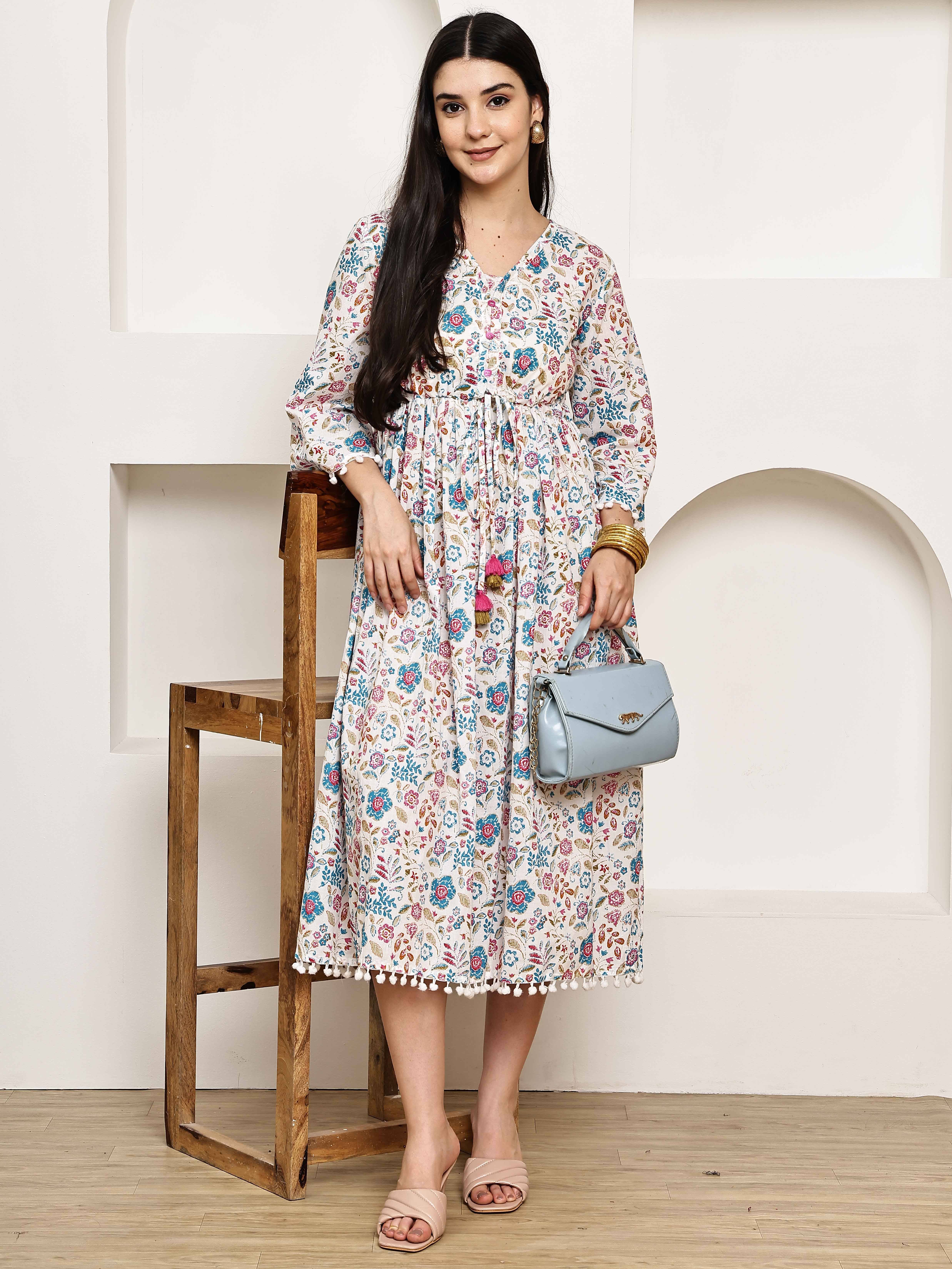     			Rajnandini Women Cotton Printed A-line Dress ( White )