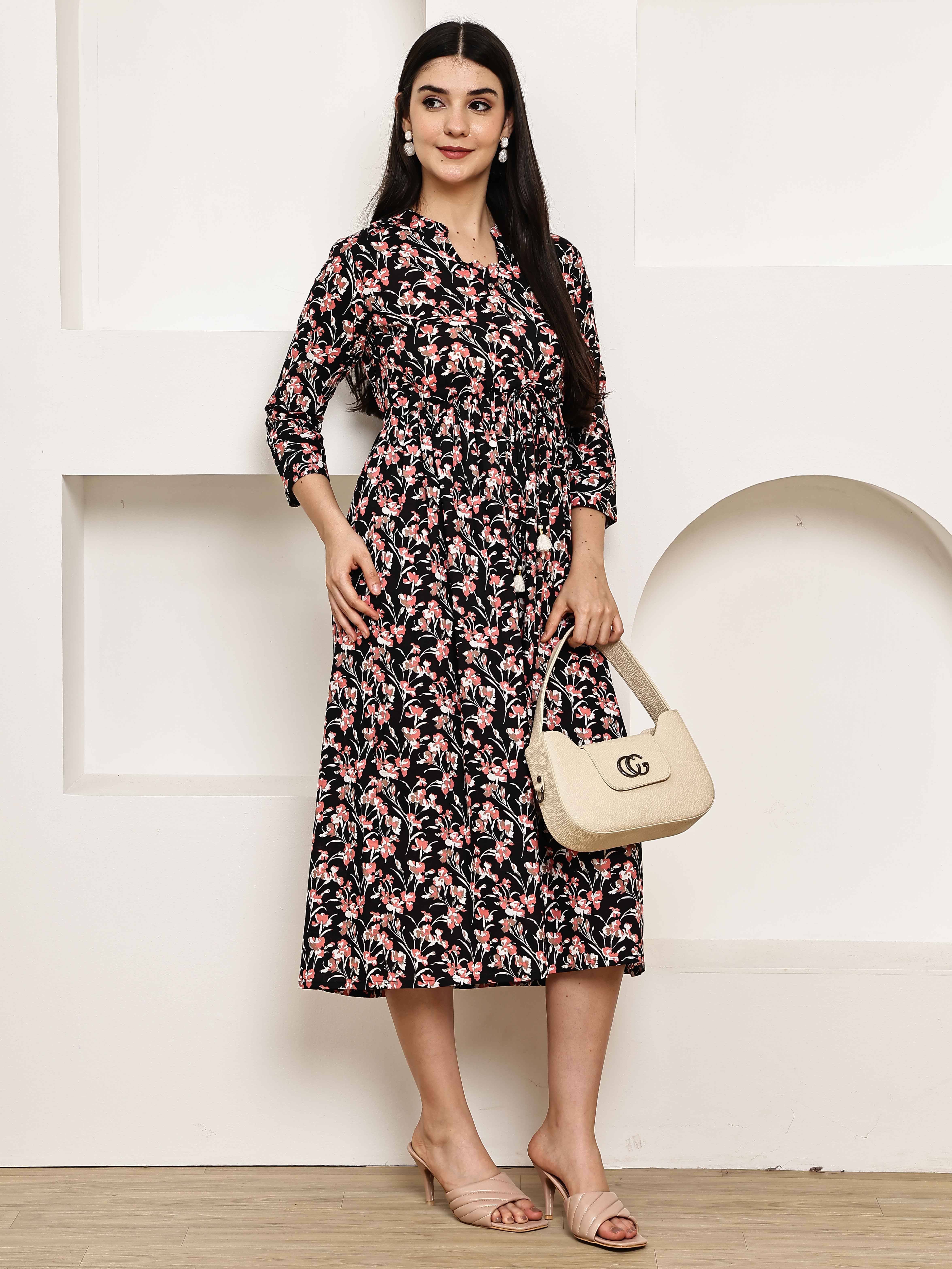     			Rajnandini Women Cotton Printed A-line Dress ( Black )