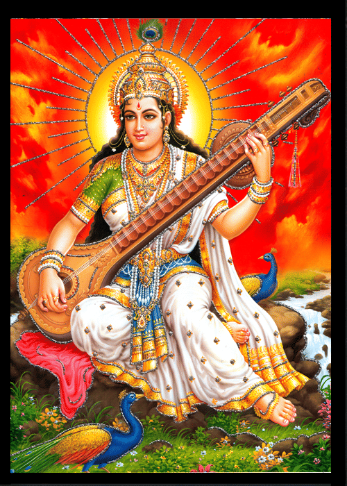     			SARASWATI MATA Sparkled Laminated Photo 8 (Width) x 11 (Length) inch on Wooden Base With Back Support Mount & Wall Hanging Mount