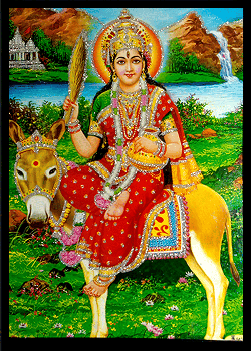     			SHITALA MATA Sparkled Laminated Photo 8 (Width) x 11 (Length) inch on Wooden Base With Back Support & Wall Hanging Mount