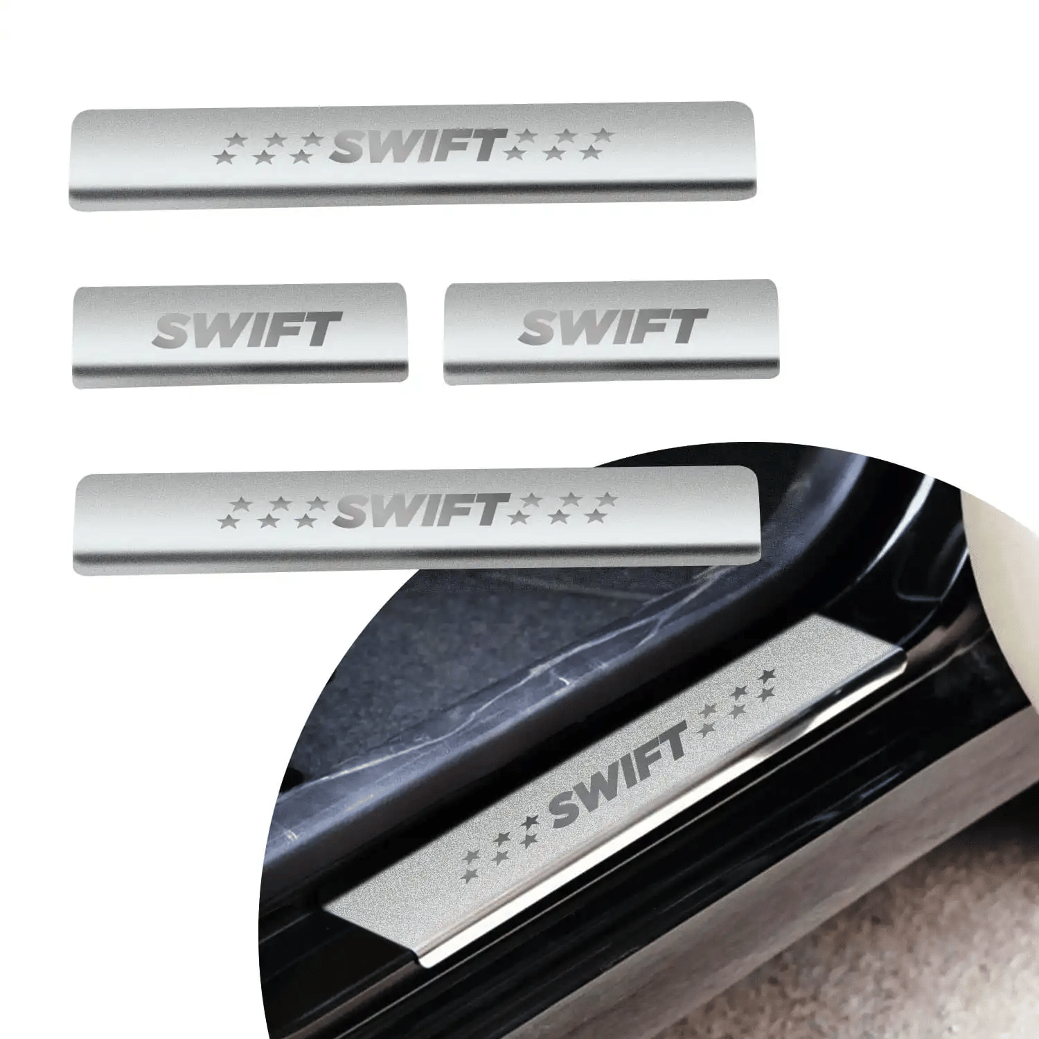 SureStrive Stainless Steel Car Footstep Without Led Door Sill Plate Leg Plate Non-Led Silver Color for Maruti Suzuki Swift All Model Set of-4     			SureStrive Stainless Steel Car Footstep Without Led Door Sill Plate Leg Plate Non-Led Silver Color for Maruti Suzuki Swift All Model Set of-4