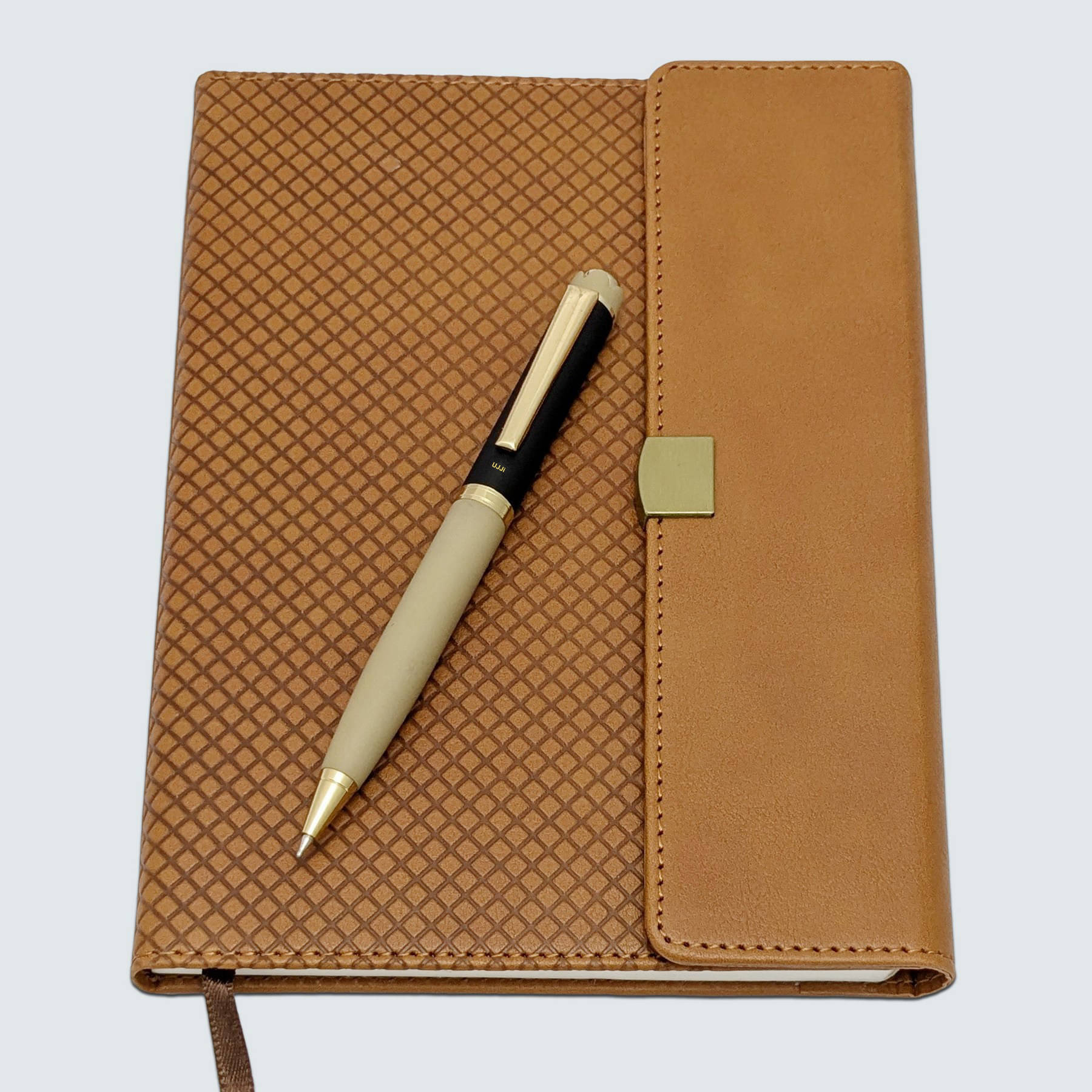 UJJi A5 Tan Textured Professional Diary with Flap Closure and Black Cap Twist Metal Pen 80GSM, 192 Pages     			UJJi A5 Tan Textured Professional Diary with Flap Closure and Black Cap Twist Metal Pen 80GSM, 192 Pages