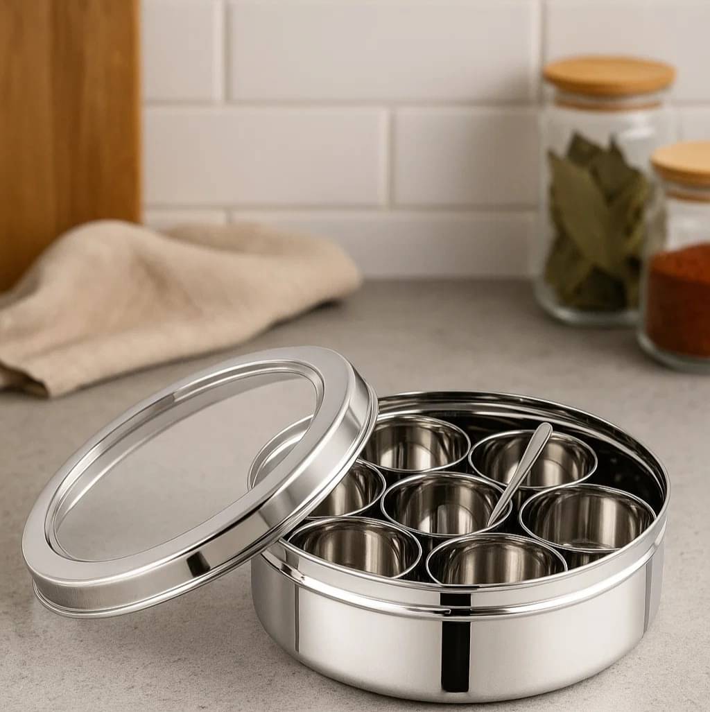     			Visaxmi See-Through Steel Silver Spice Container ( Set of 7 )
