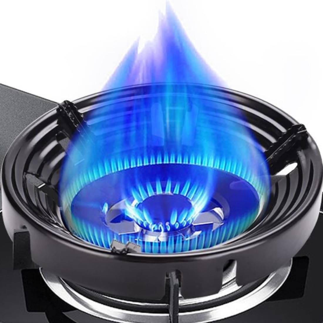     			WHIMSICAL WONDERS 1 Pc metal Black Gas Saver Burner Stand Gas Chula Burner Gas Saver Stand Jali Ring Fire & Windproof Energy Saving, Gas Chula Support Stand 4 Legs Supported for Indian Gas