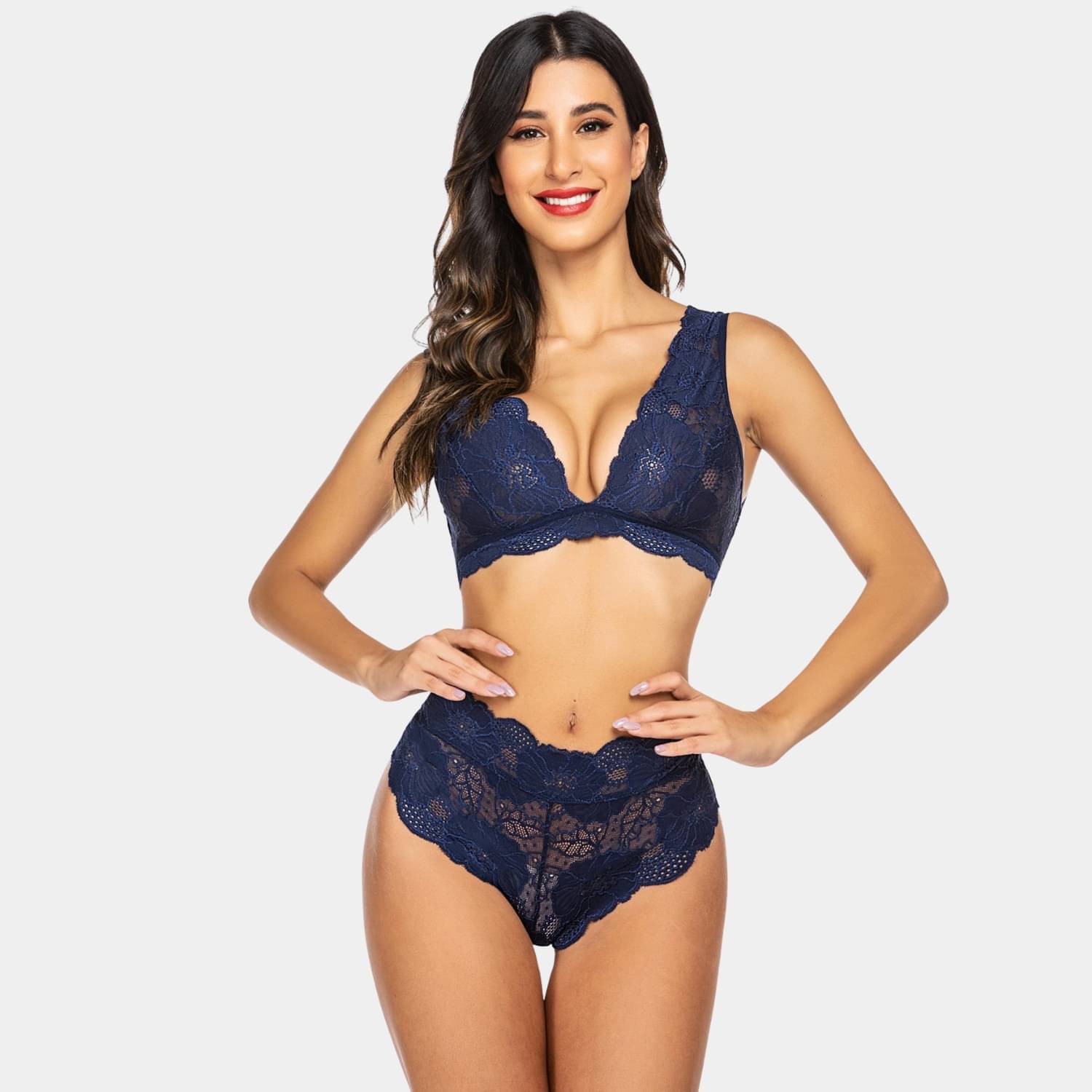     			Zerjama Lace Non Padded Bra & Panty Set ( Navy Blue , Pack of 1 )