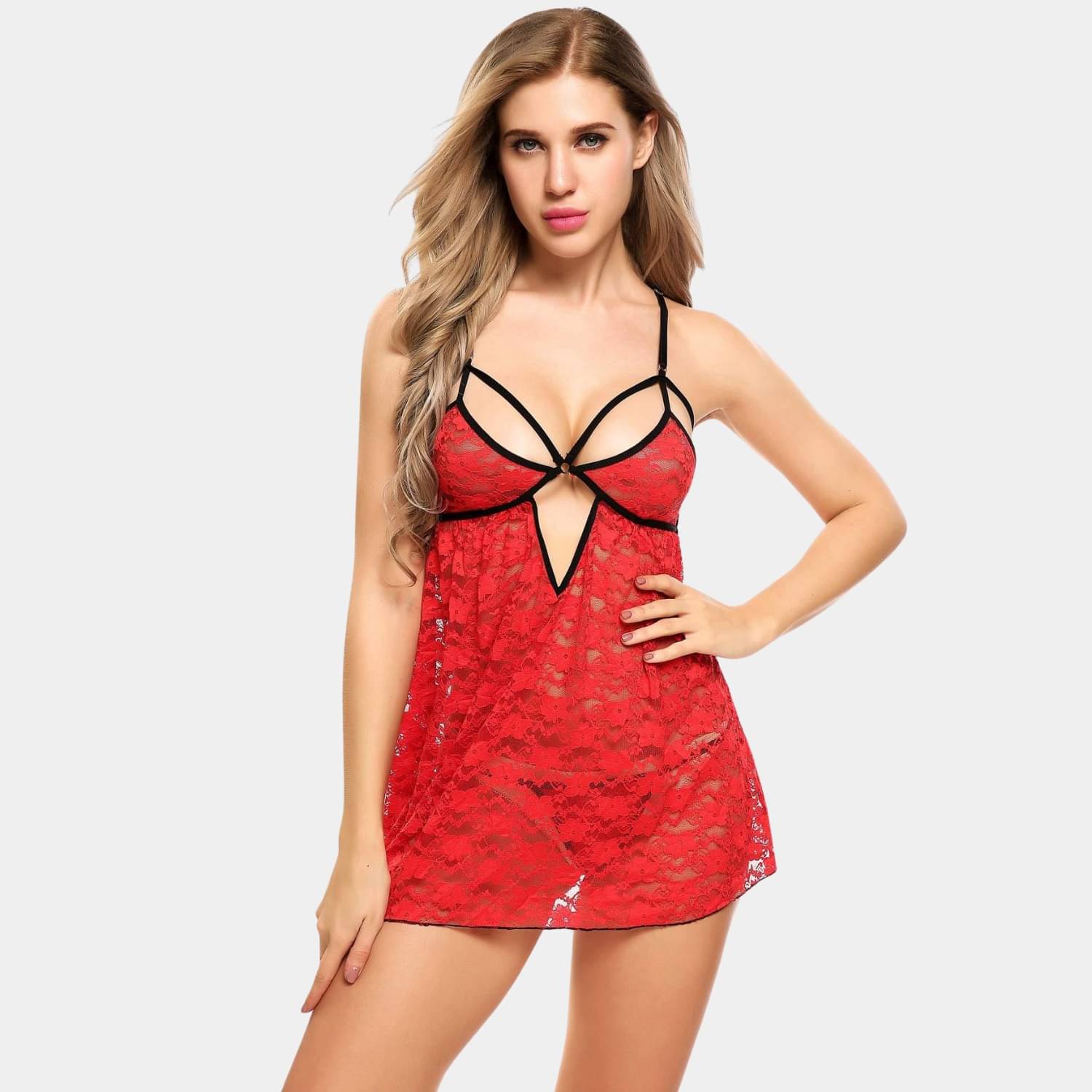     			Zerjama Red Lace Women Baby Doll Dress With Panty