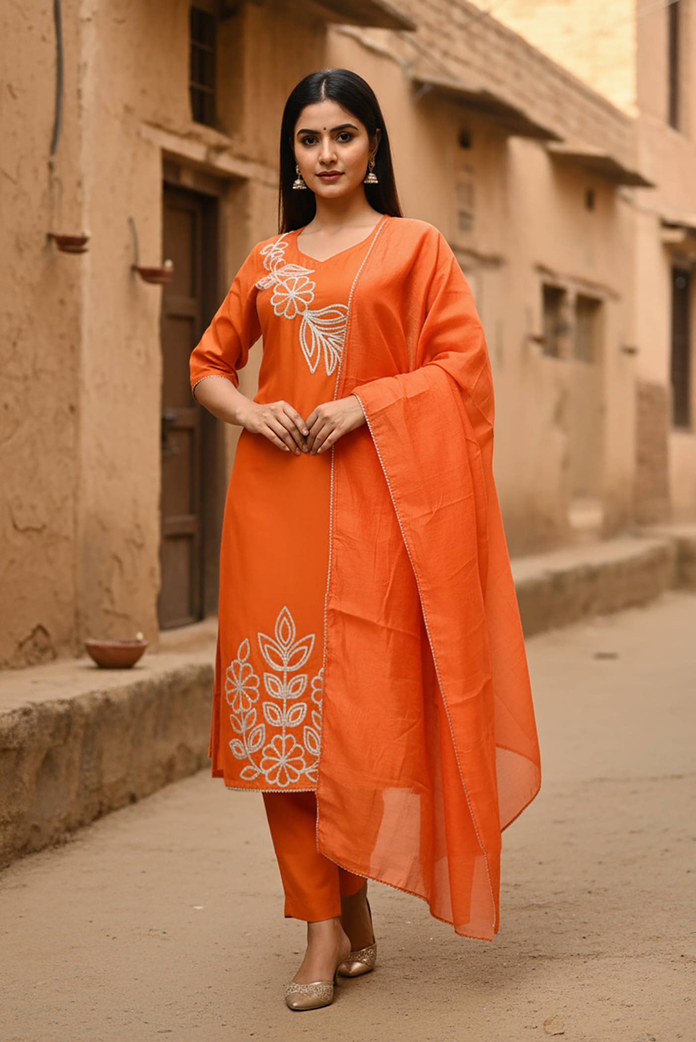     			kedar fab Women Cotton Blend Embroidered Straight Kurti With Pants ( Orange )