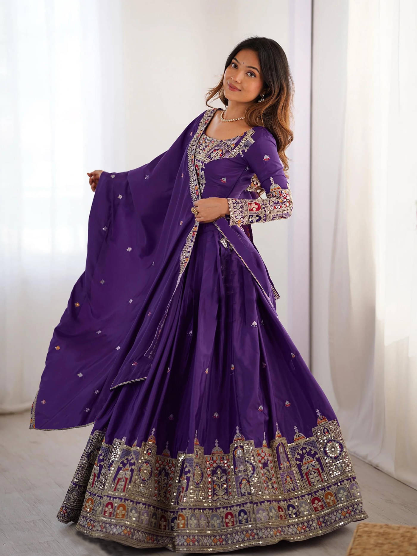     			kedar fab Women Silk Circular Semi Stitched Lehenga Choli ( Purple )