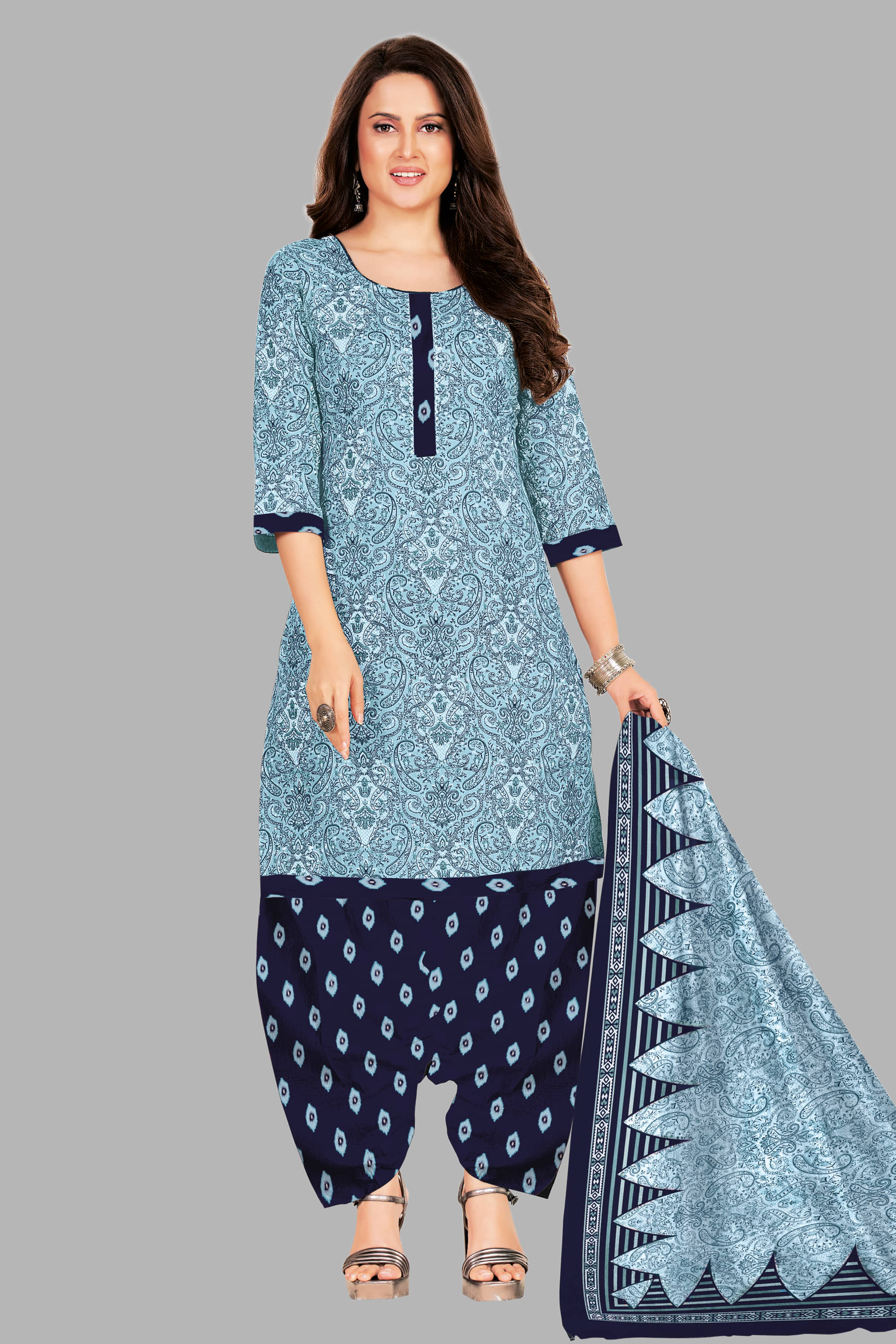     			shree jeenmata collection Women Cotton Unstitched Dress Material ( Blue )