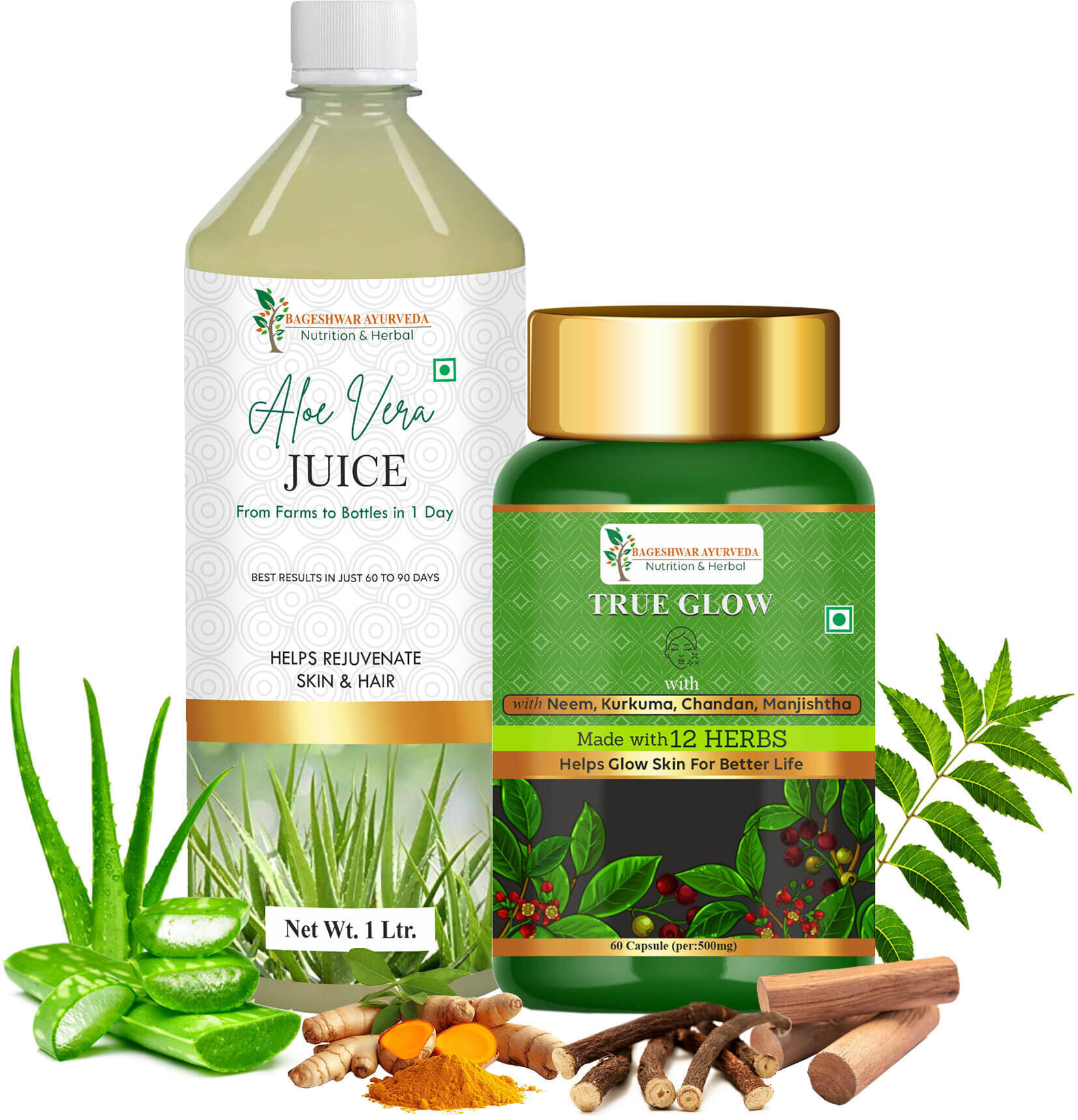 Bageshwar Ayurveda True Glow (60 Capsule) & Aloevera Juice Bageshwar Ayurveda True Glow (60 Capsule) & Aloevera Juice