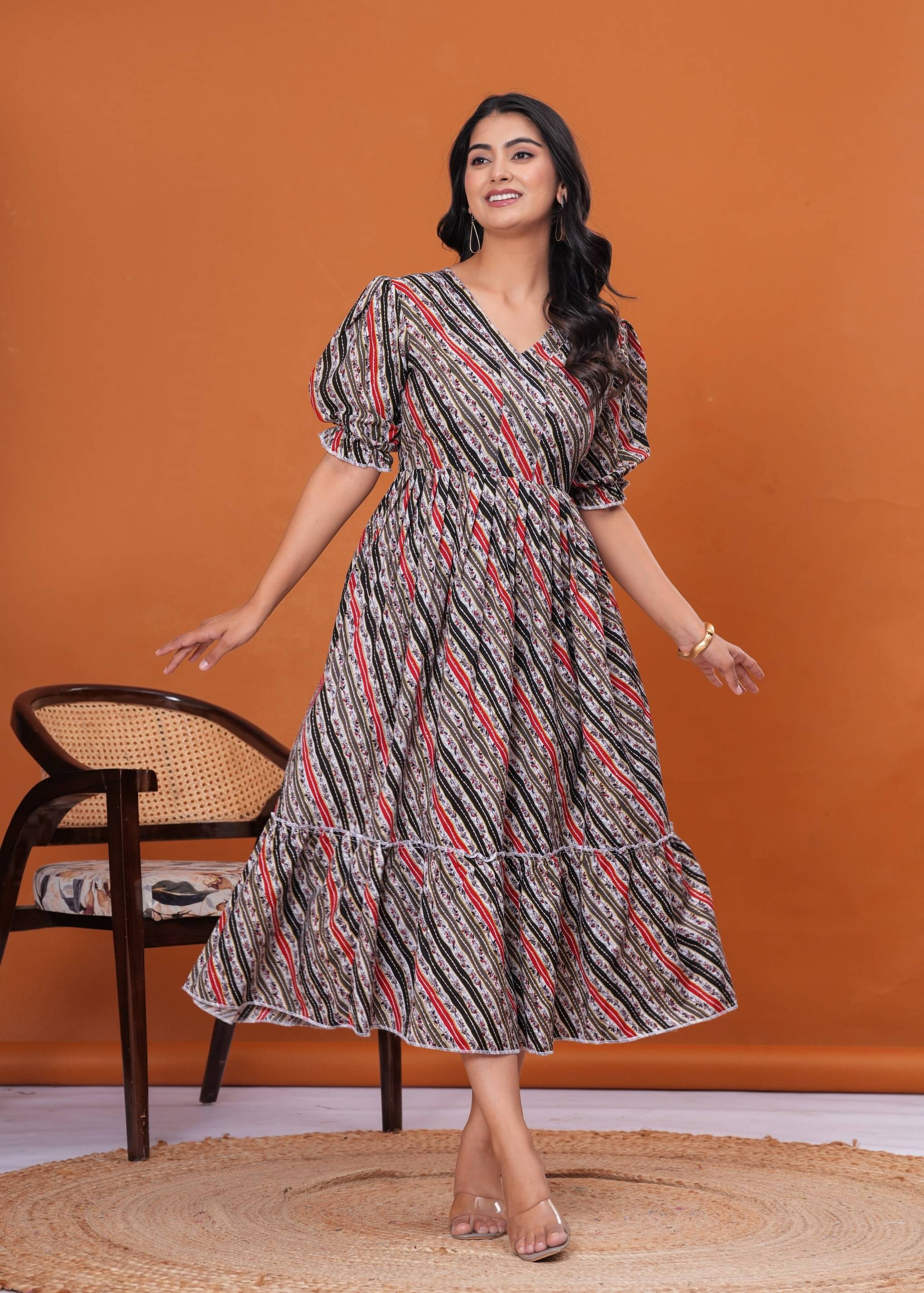 Decoris Women Cotton Printed Fit & Flare Dress ( Black ) Decoris Women Cotton Printed Fit & Flare Dress ( Black )