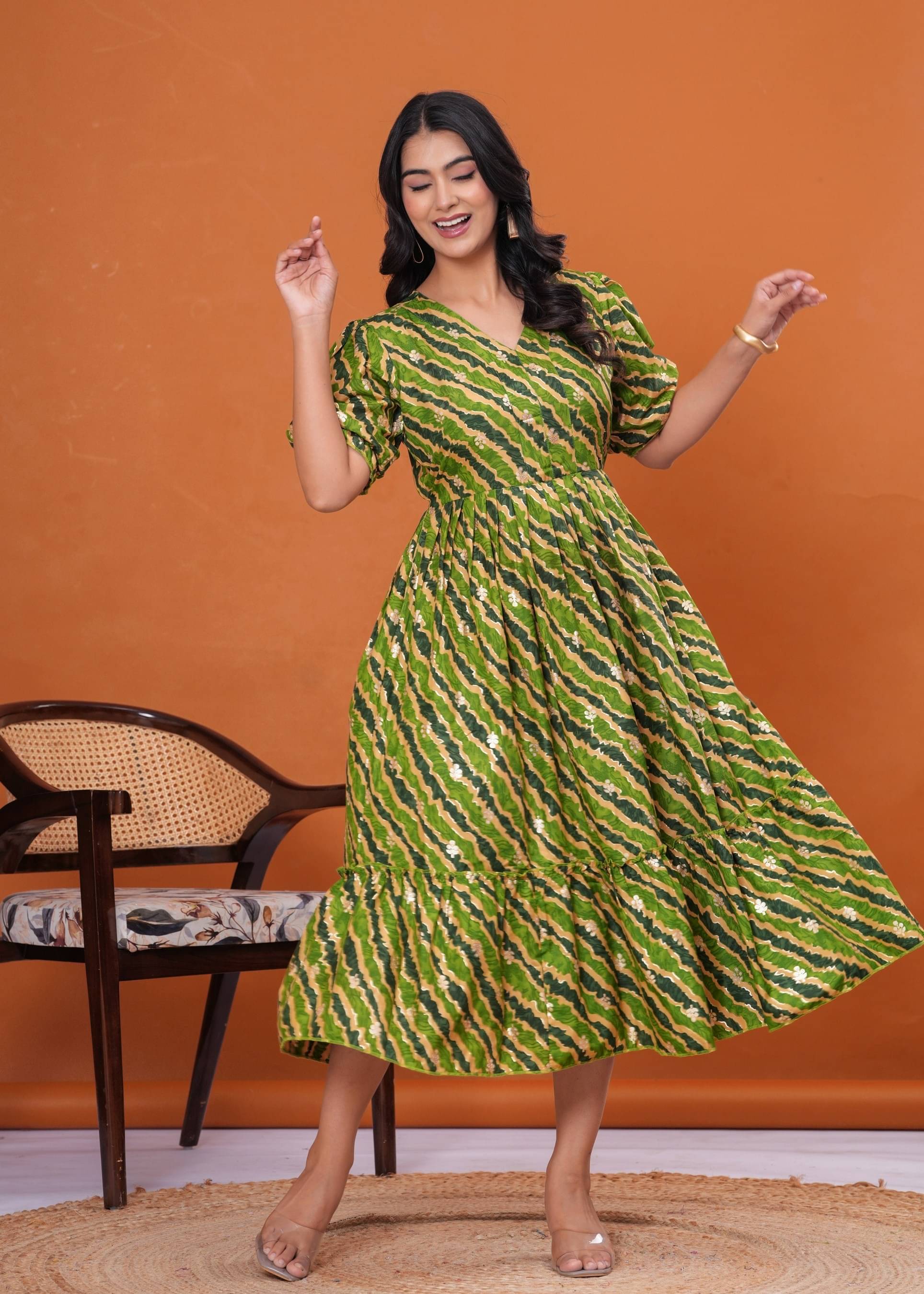 Decoris Women Cotton Printed Fit & Flare Dress ( Green ) Decoris Women Cotton Printed Fit & Flare Dress ( Green )
