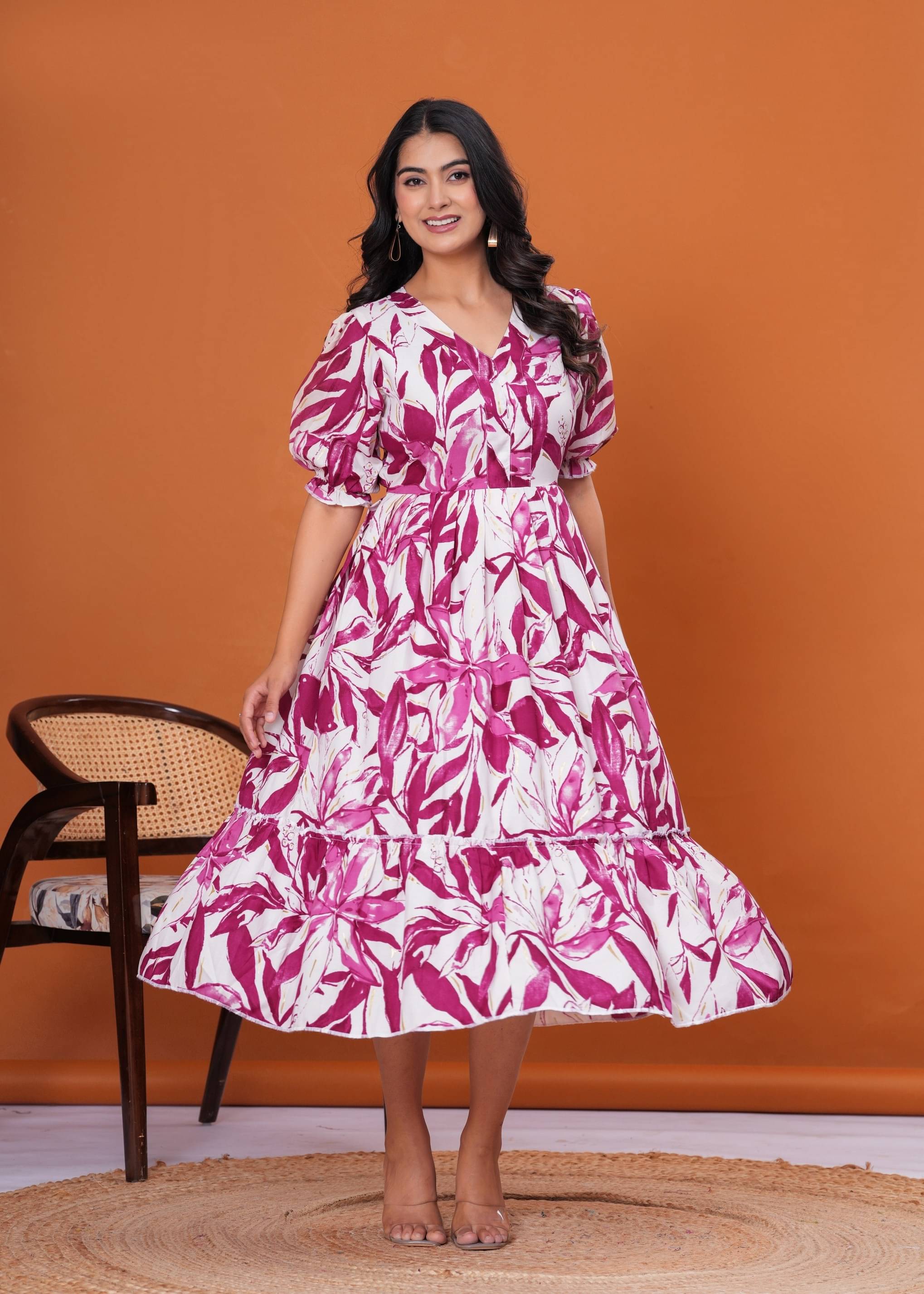     			Decoris Women Cotton Printed Fit & Flare Dress ( Pink )