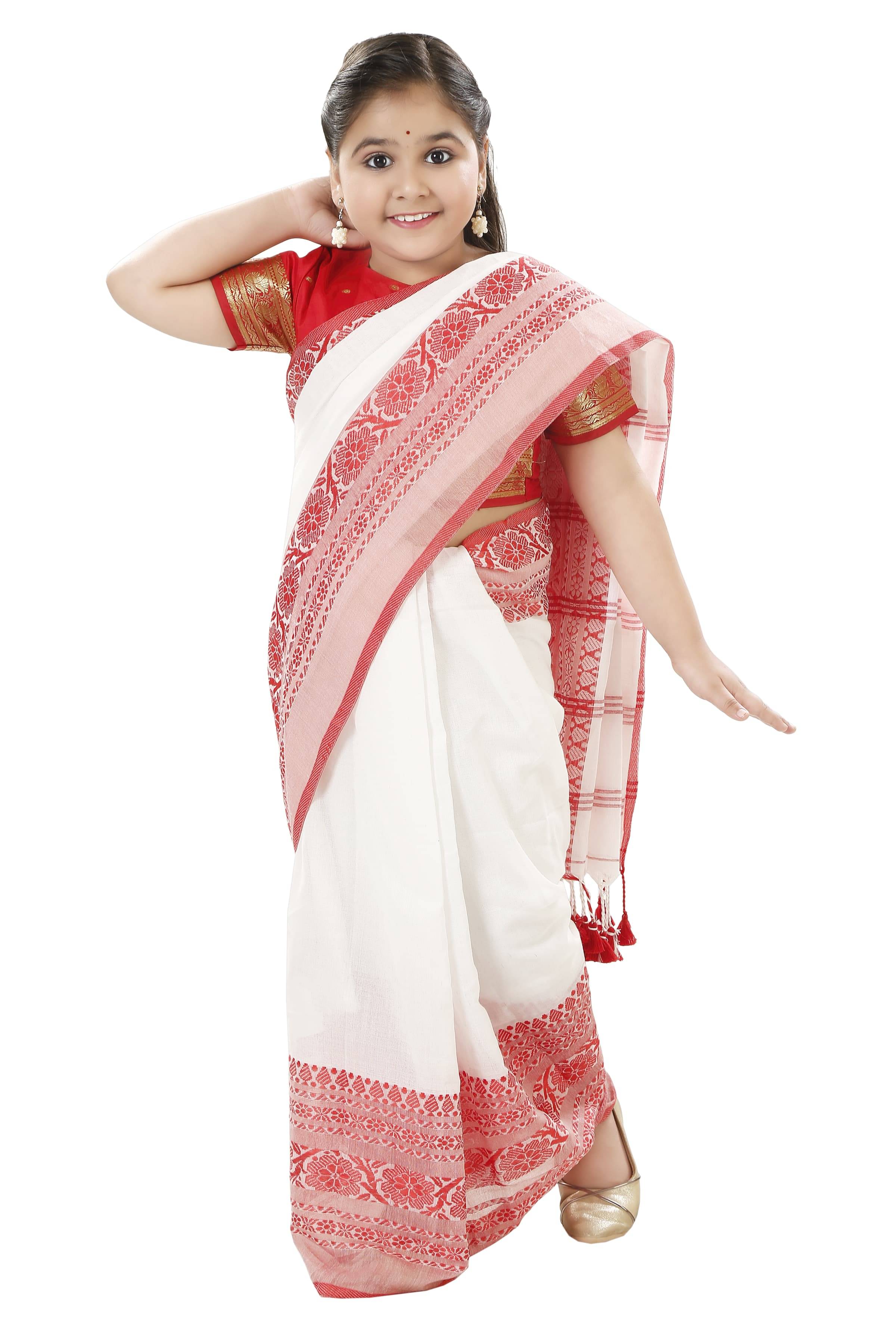     			Desh Bidesh Cotton Regular Saree For Girls ( White , Pack of 1 )