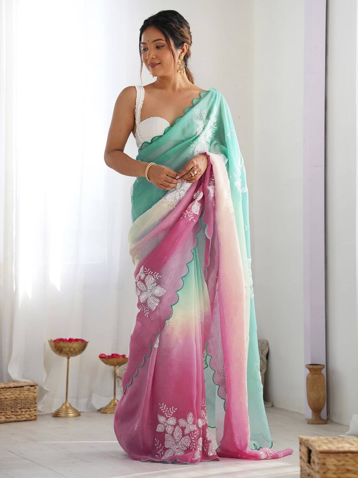     			Gazal Fashions Chiffon Embroidered Regular Saree With Unstitched Blouse Piece ( Multicolor 5 )