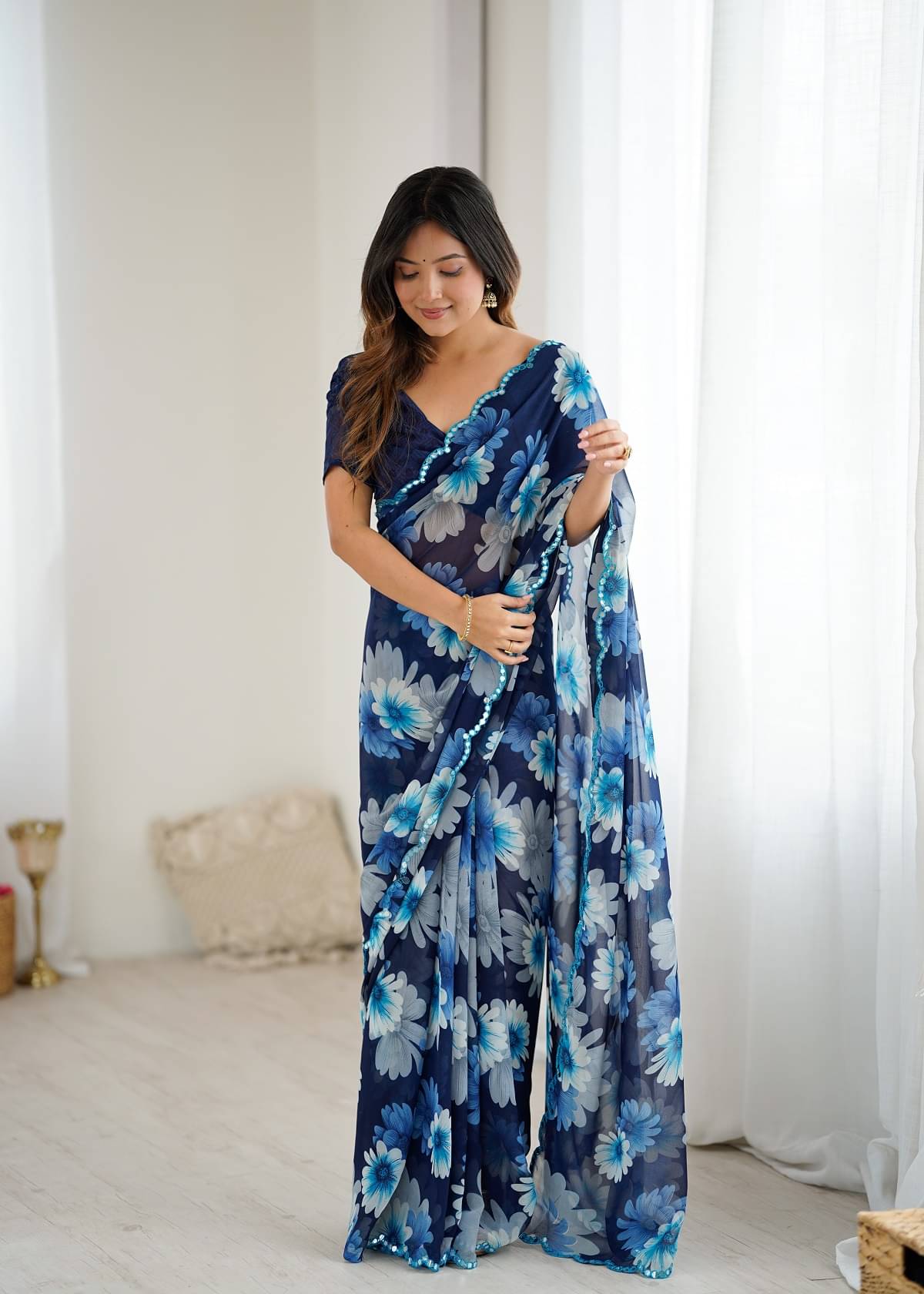     			Gazal Fashions Georgette Printed Regular Saree With Unstitched Blouse Piece ( Blue )