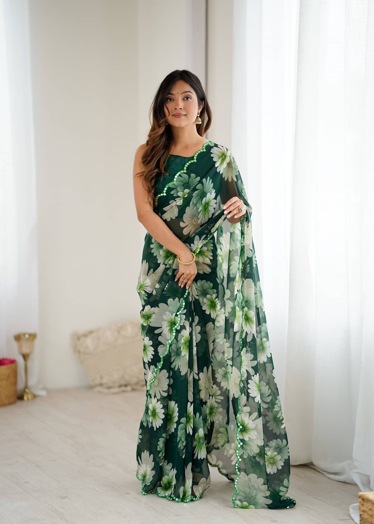     			Gazal Fashions Georgette Printed Regular Saree With Unstitched Blouse Piece ( Green )