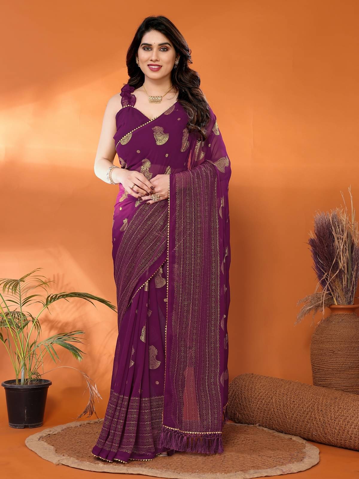     			Gazal Fashions Georgette Printed Regular Saree With Unstitched Blouse Piece ( Purple )