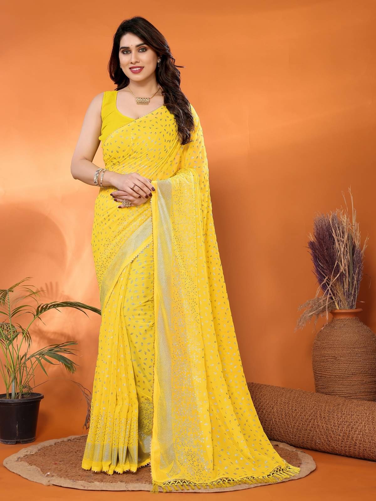     			Gazal Fashions Georgette Printed Regular Saree With Unstitched Blouse Piece ( Yellow )