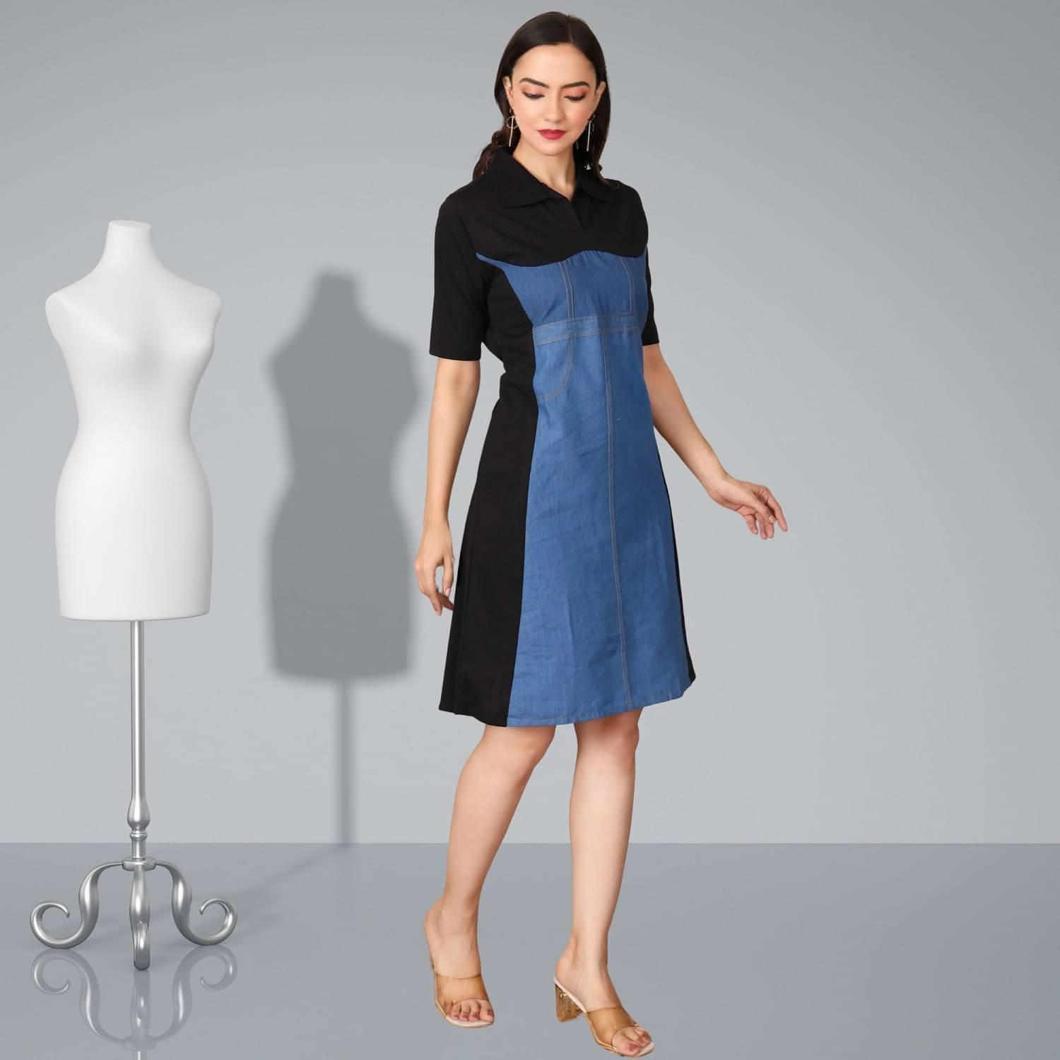     			Gjshop Women Denim Colorblock A-line Dress ( Blue )