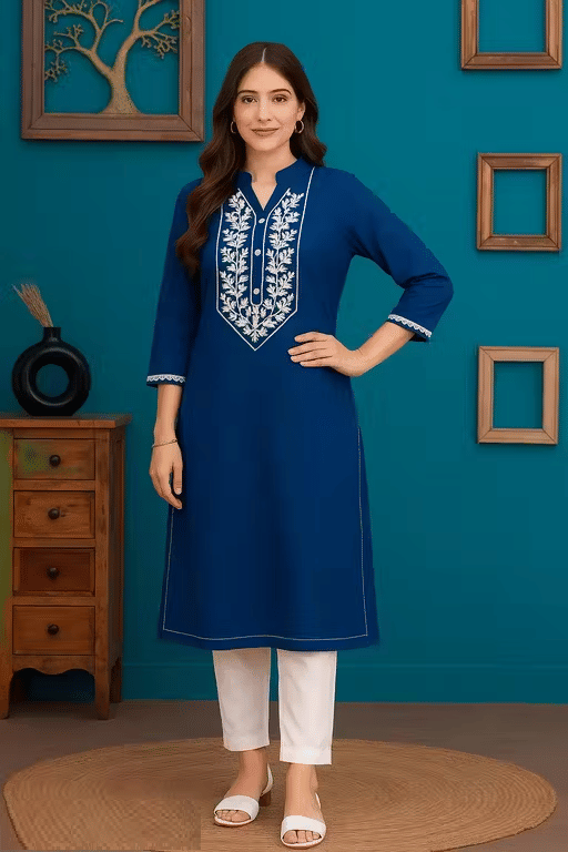     			HS COLLECTION Women Cotton Printed A-line Kurti With Pants ( Blue )