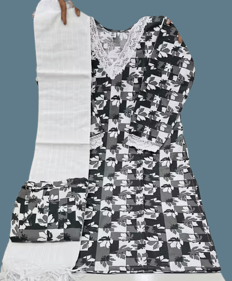 HS COLLECTION Women Cotton Printed A-line Kurti With Pants ( Black ) HS COLLECTION Women Cotton Printed A-line Kurti With Pants ( Black )