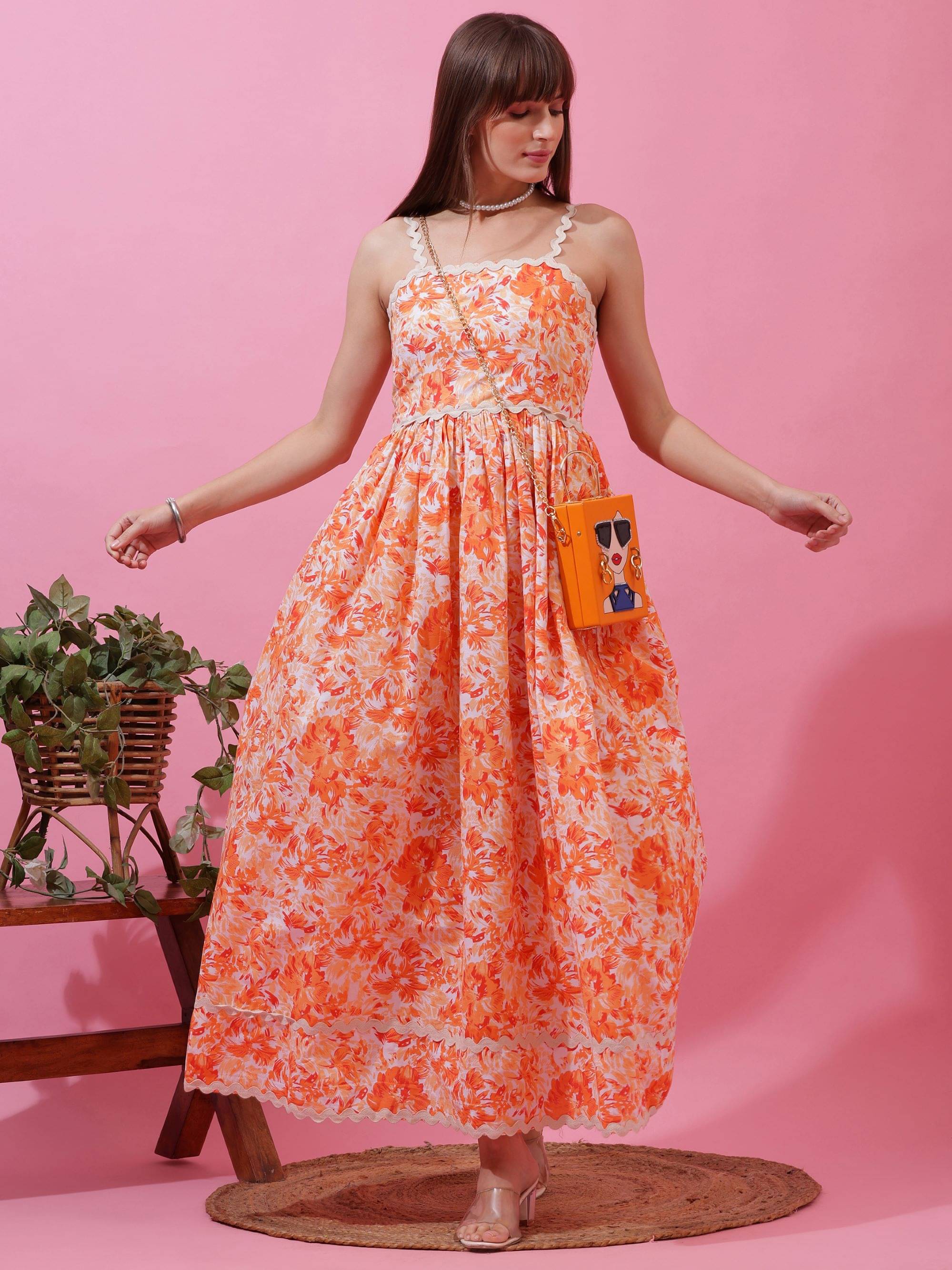     			Honky Tonky Women Cotton Printed Fit & Flare Dress ( Orange )