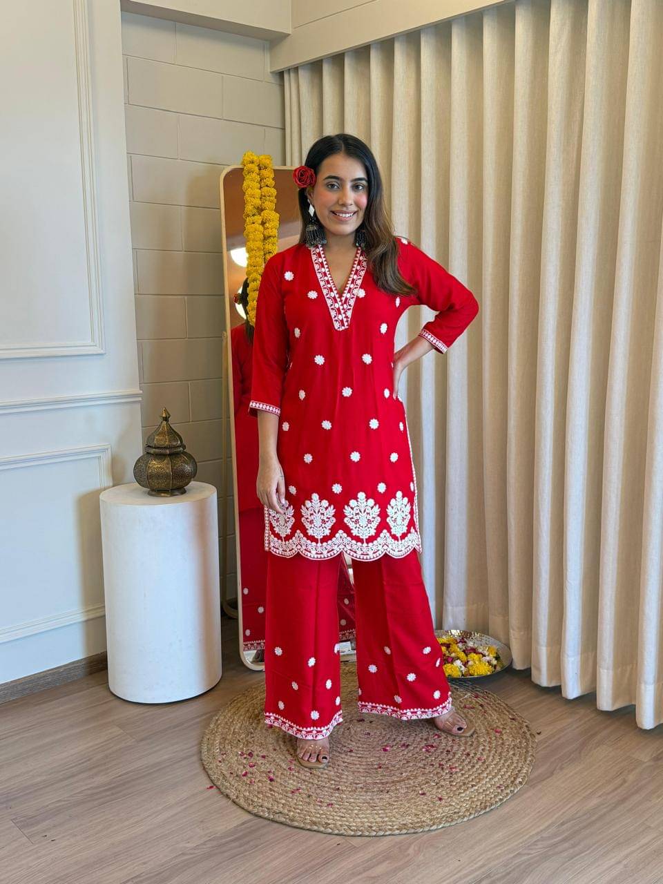 INDIAN SILKS Women Rayon Printed Straight Kurti With Pants ( Red )     			INDIAN SILKS Women Rayon Printed Straight Kurti With Pants ( Red )