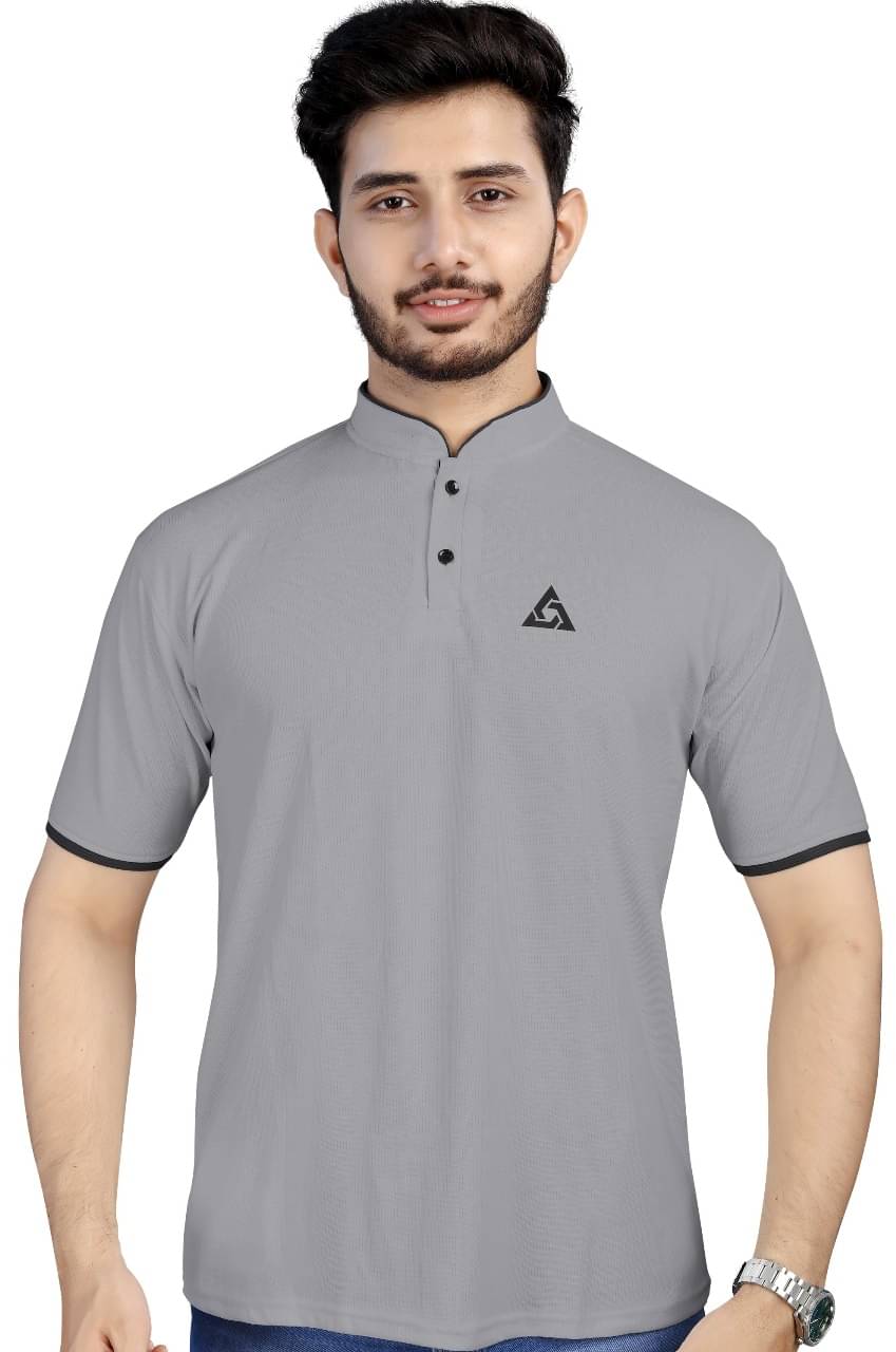 Jay Jagdamba suit house Men Cotton Blend Regular Fit Self Design T-Shirt ( Light Grey )     			Jay Jagdamba suit house Men Cotton Blend Regular Fit Self Design T-Shirt ( Light Grey )