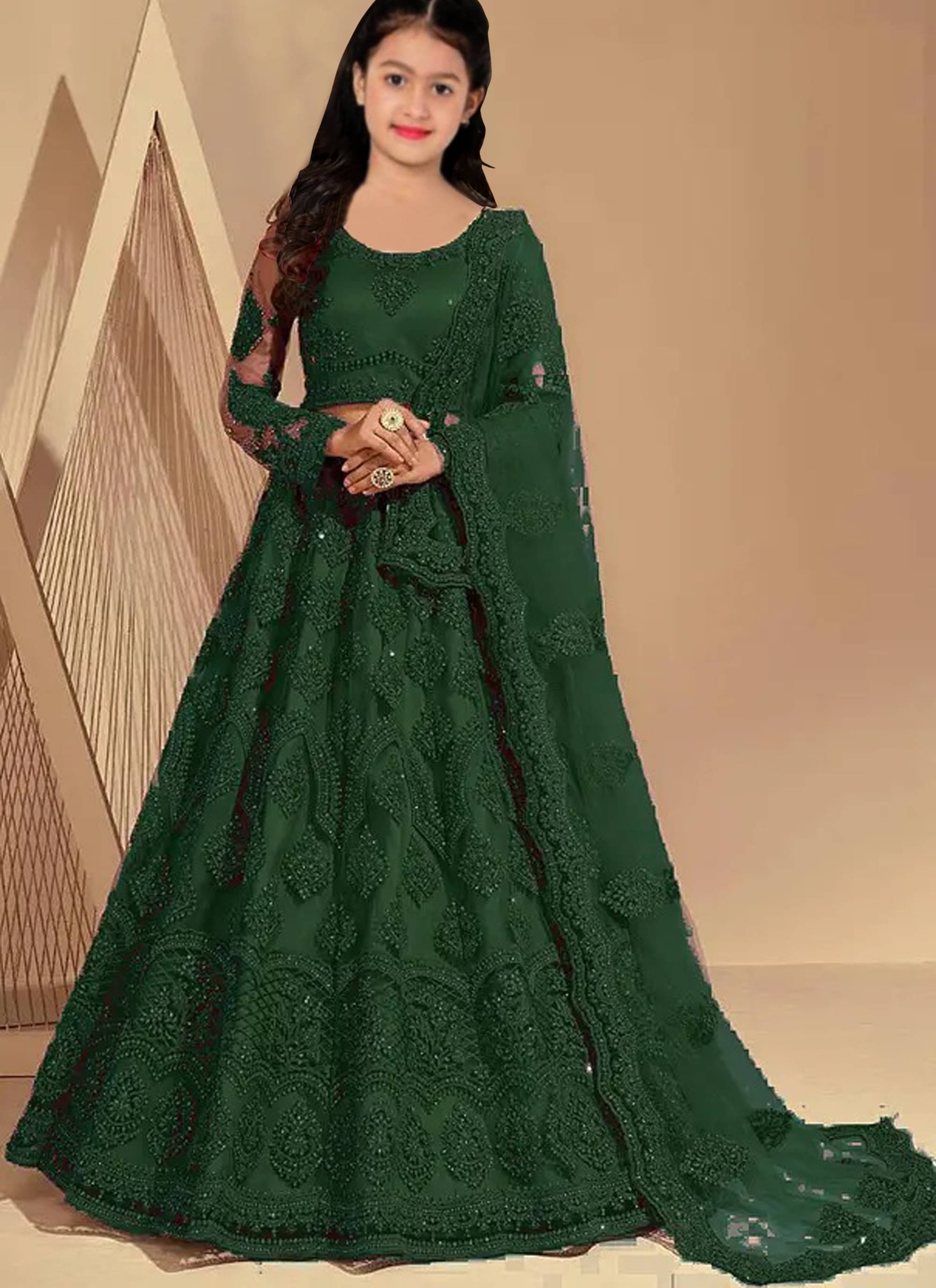     			Keyura Net Lehenga Choli Set For Girls ( Pack of 1 , Green )