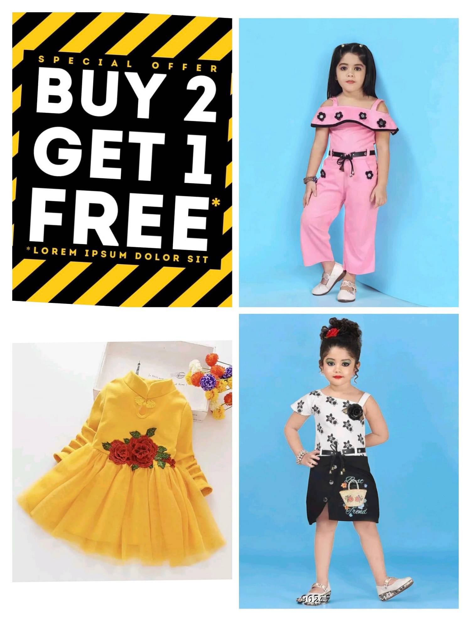     			Mullick the designer Cotton Blend Frock For Girls ( Pack of 3 , Pink,Black,Yellow )