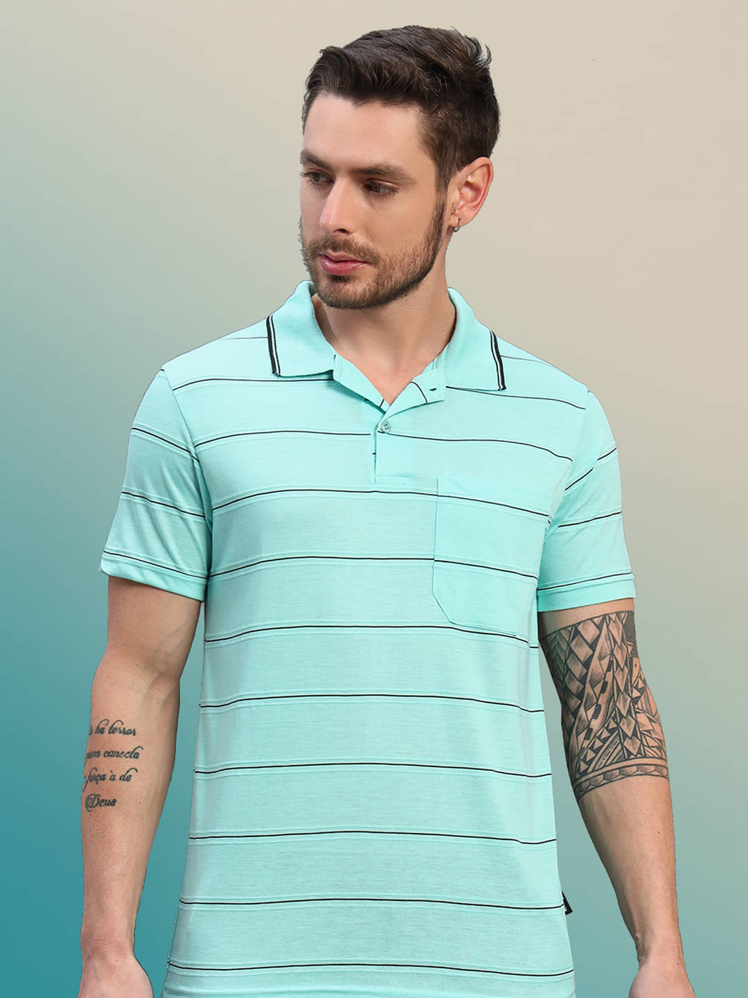 NOUVO Men Polyester Regular Fit Striped Polo T Shirt ( Sea Green ) NOUVO Men Polyester Regular Fit Striped Polo T Shirt ( Sea Green )