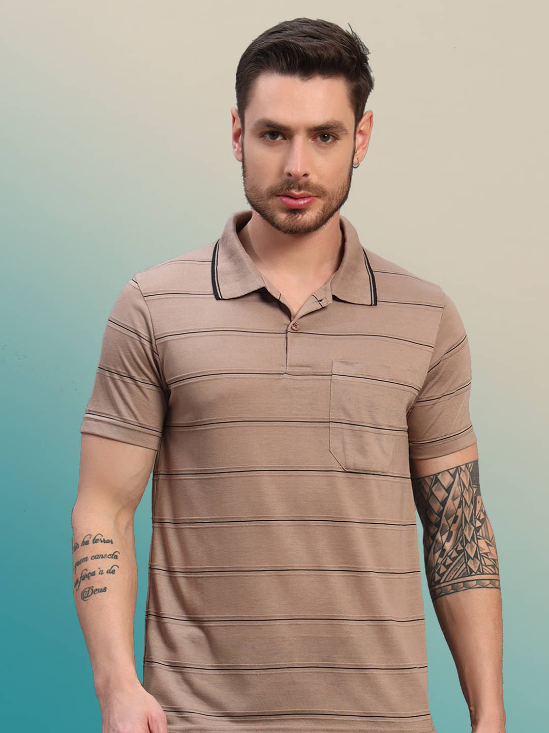 NOUVO Men Polyester Regular Fit Striped Polo T Shirt ( Brown ) NOUVO Men Polyester Regular Fit Striped Polo T Shirt ( Brown )