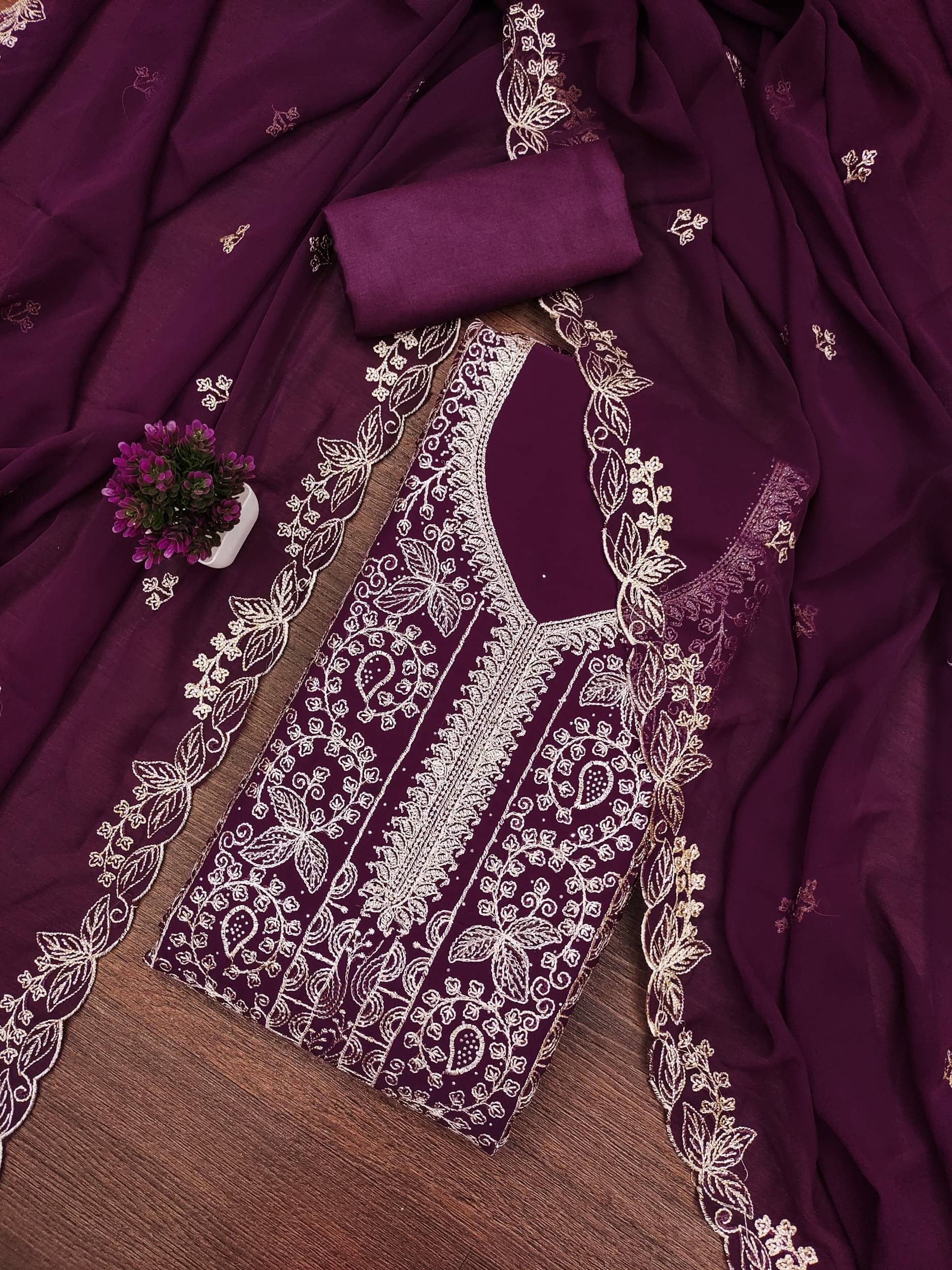 Panbai sarees Women Georgette Unstitched Dress Material ( Purple ) Panbai sarees Women Georgette Unstitched Dress Material ( Purple )