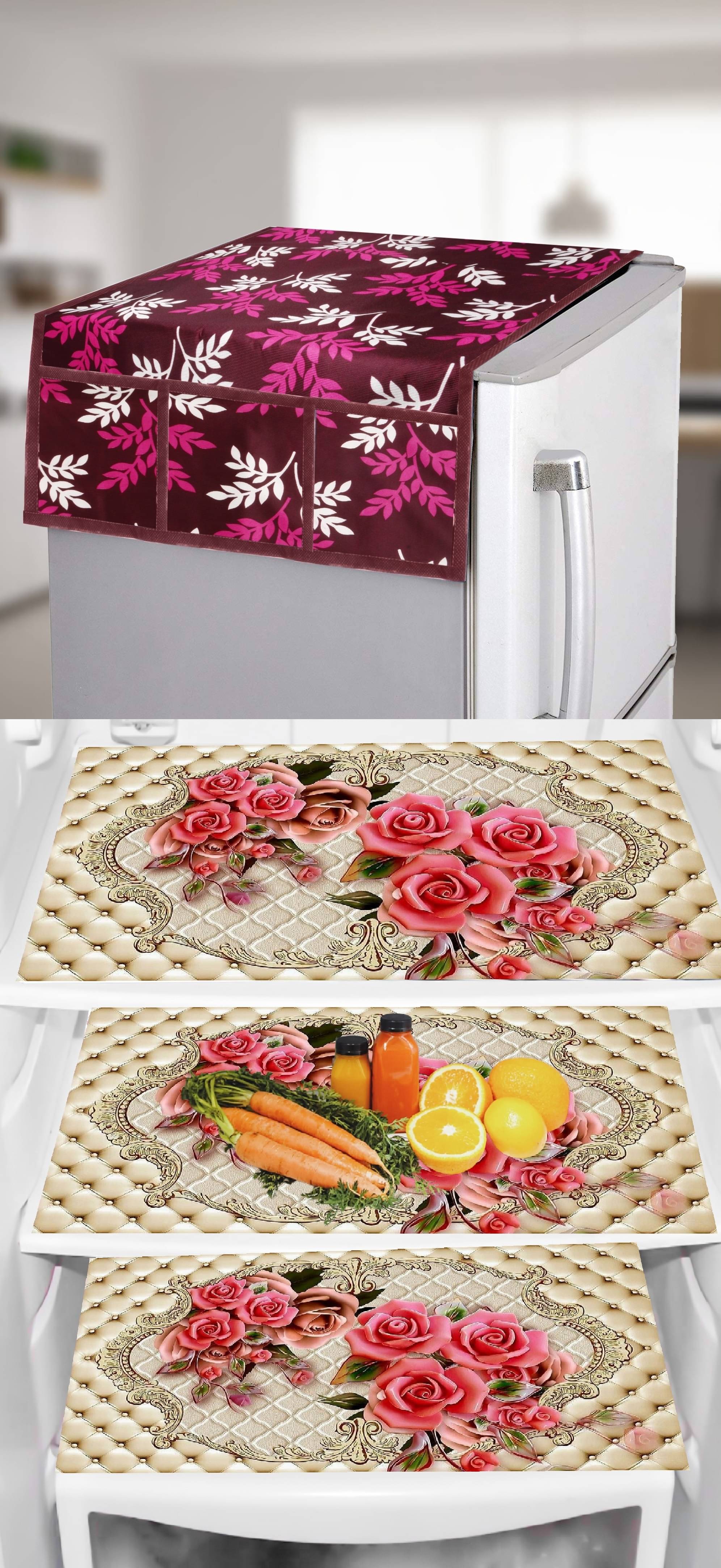     			Revexo PVC Floral Fridge Mat & Cover ( 40 30 ) Pack of 4 - Multicolor